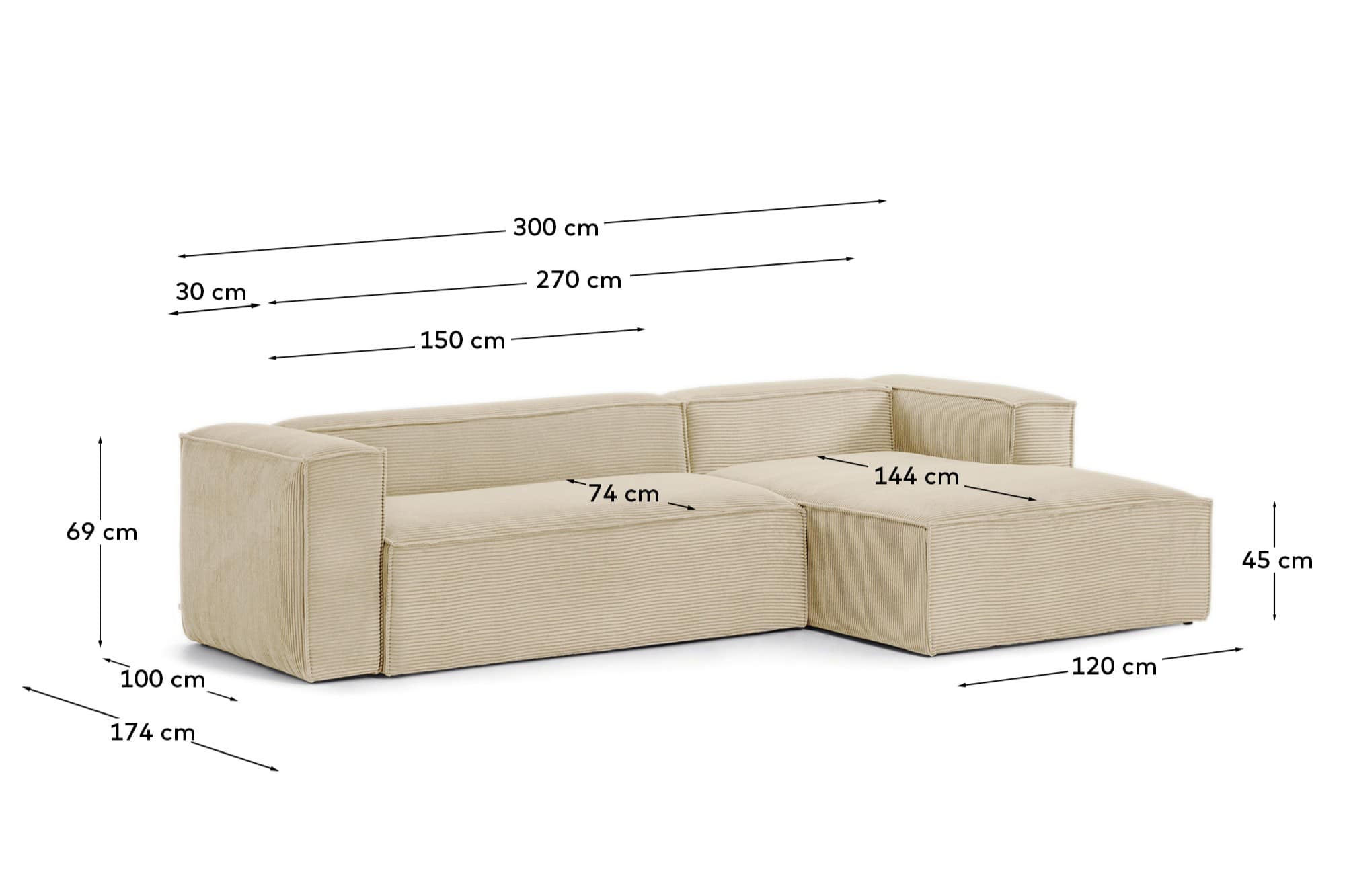 Blok 3-seater right chaise longue sofa in natural thick corduroy 300cm FSC Mix Credit