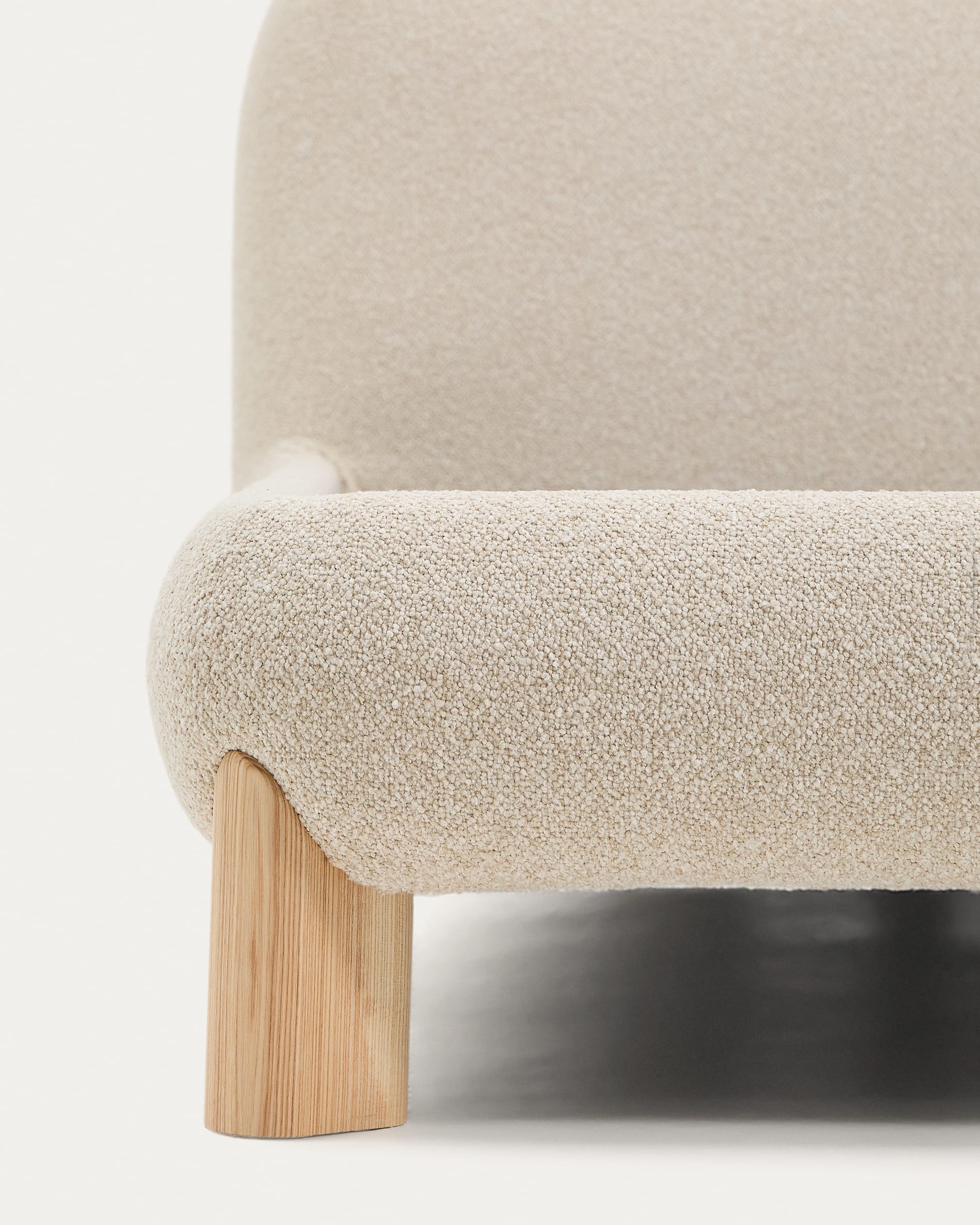 Odina ecru bouclé bed with removable cover and solid ash wood legs with natural finish for 160 x 200cm mattress