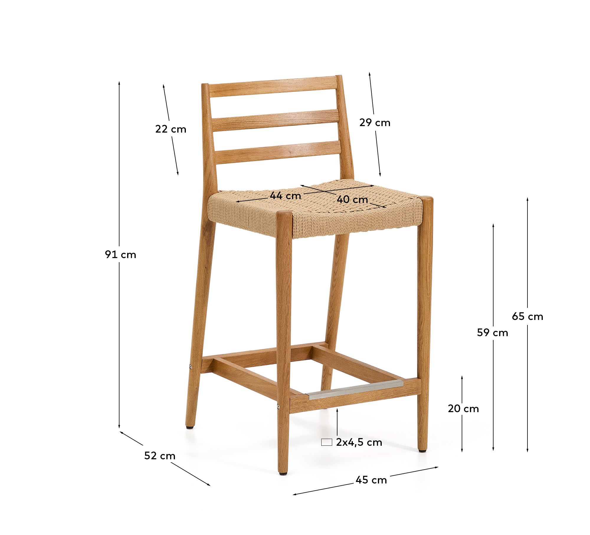 Analy stool with backrest in solid oak wood with natural finish and rope seat, 65 cm, FSC Mix Credit