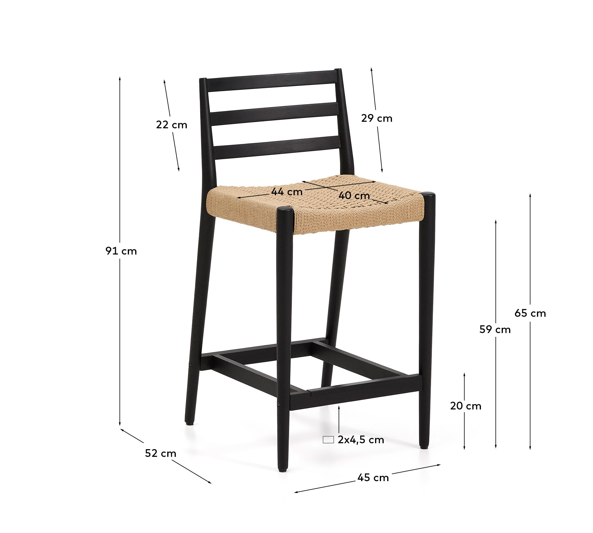 Analy stool with backrest in solid oak wood with black finish and rope seat, 65 cm, FSC Mix Credit