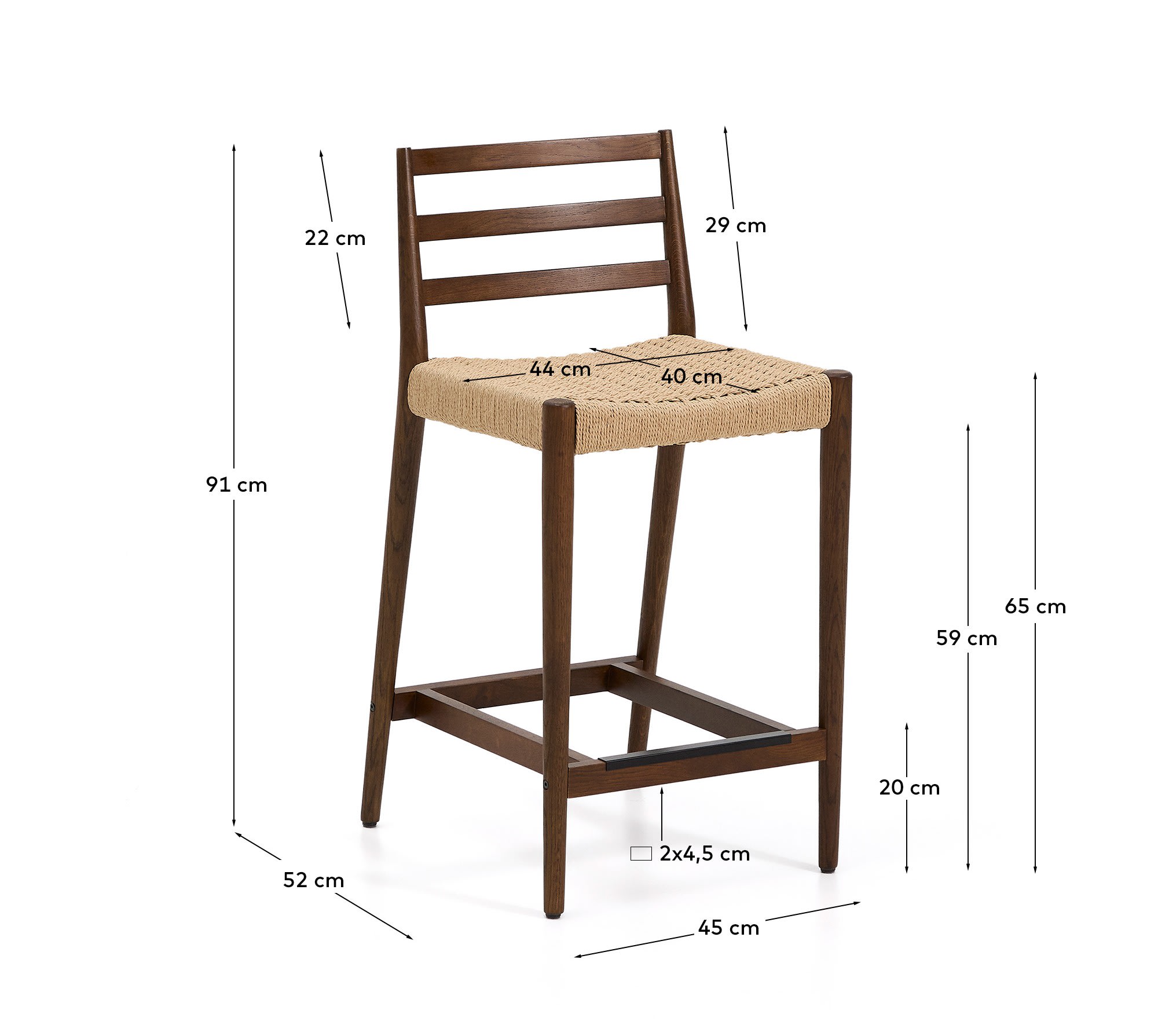 Analy stool with backrest in solid oak wood with walnut finish and rope seat, 65 cm, FSC Mix Credit