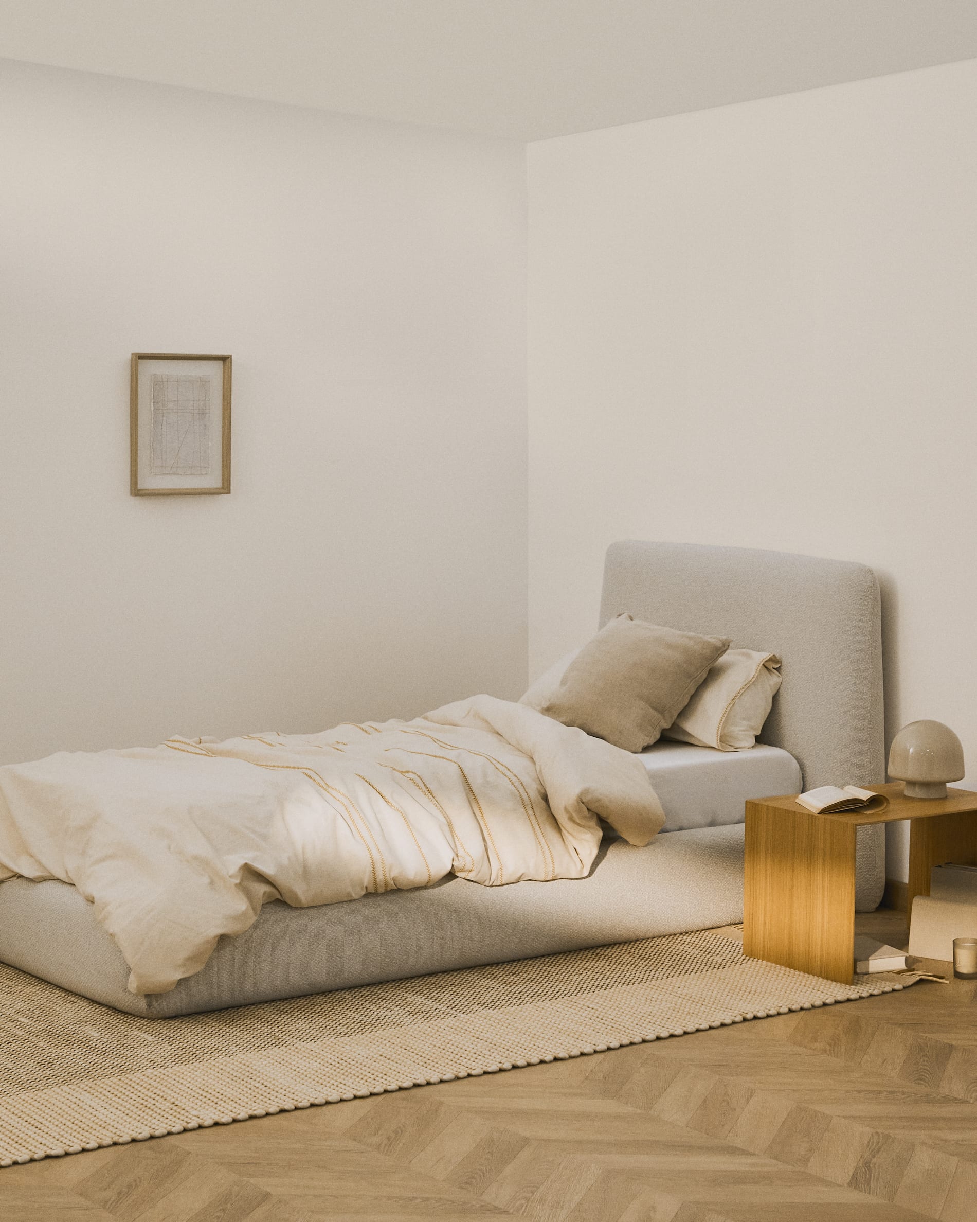 Martina bed with removable cover in ecru chenille for mattress 90 x 200cm