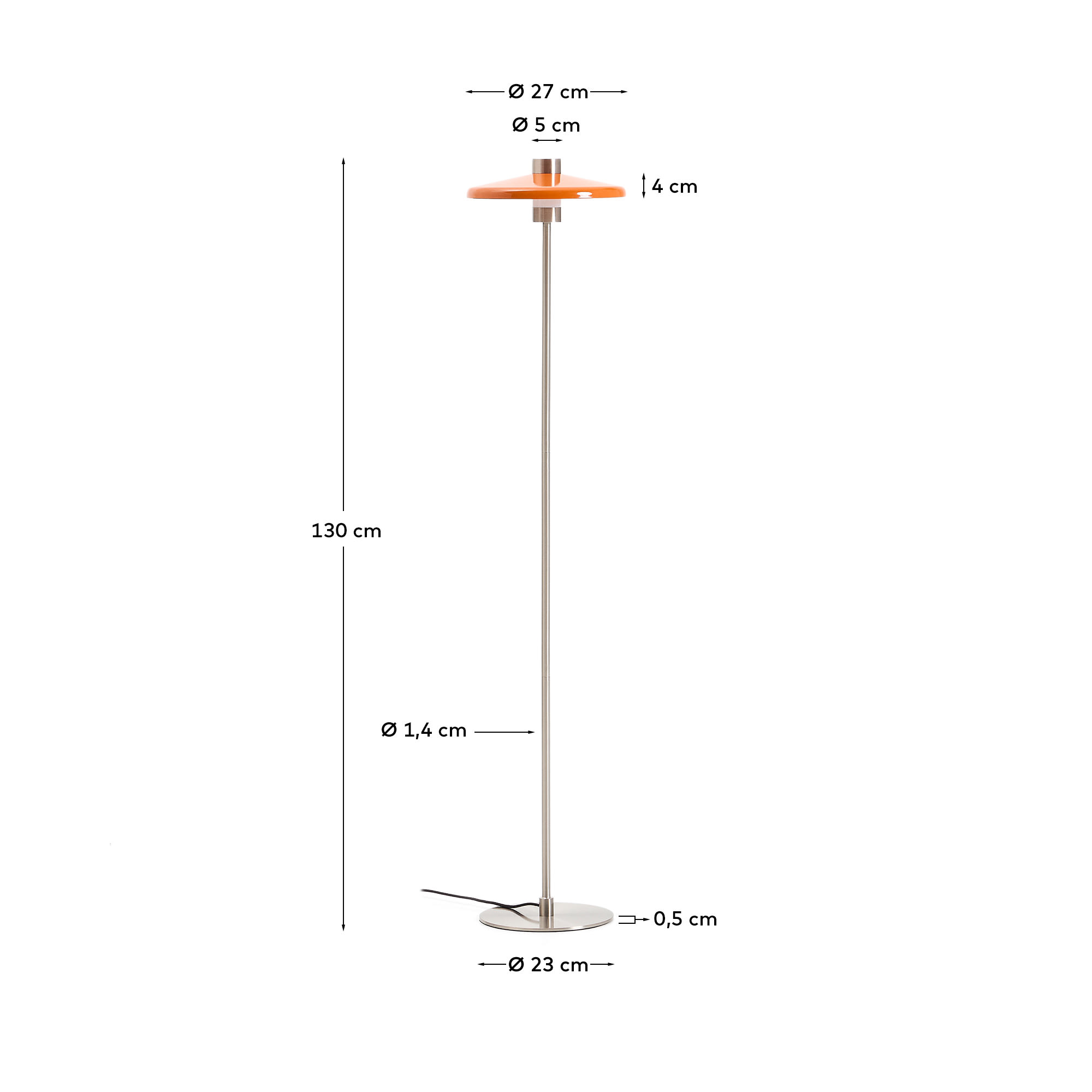 Nuvira floor lamp in light grey brushed metal and orange lampshade