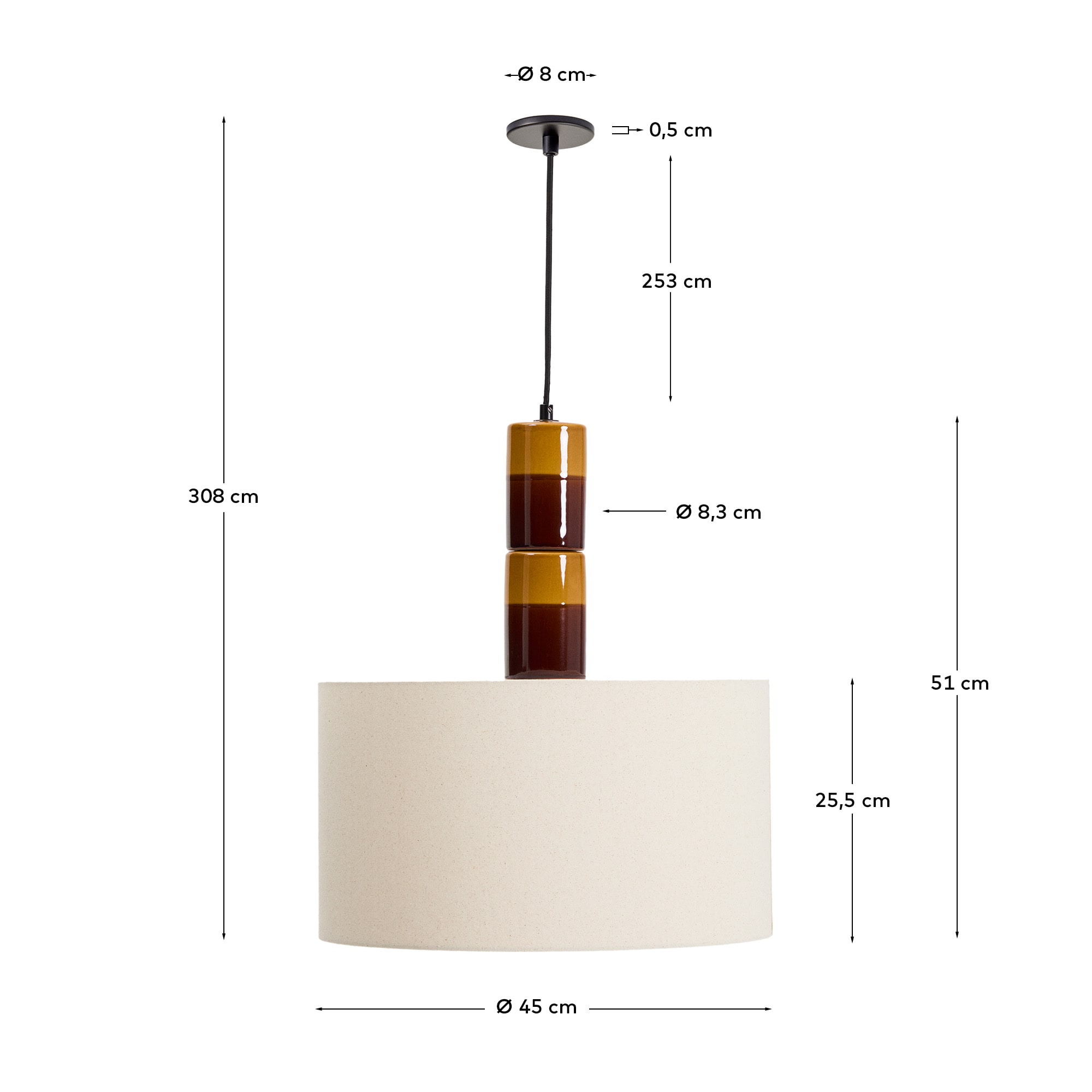 Mavran ceiling lamp in brown and mustard ceramic with cotton lampshade