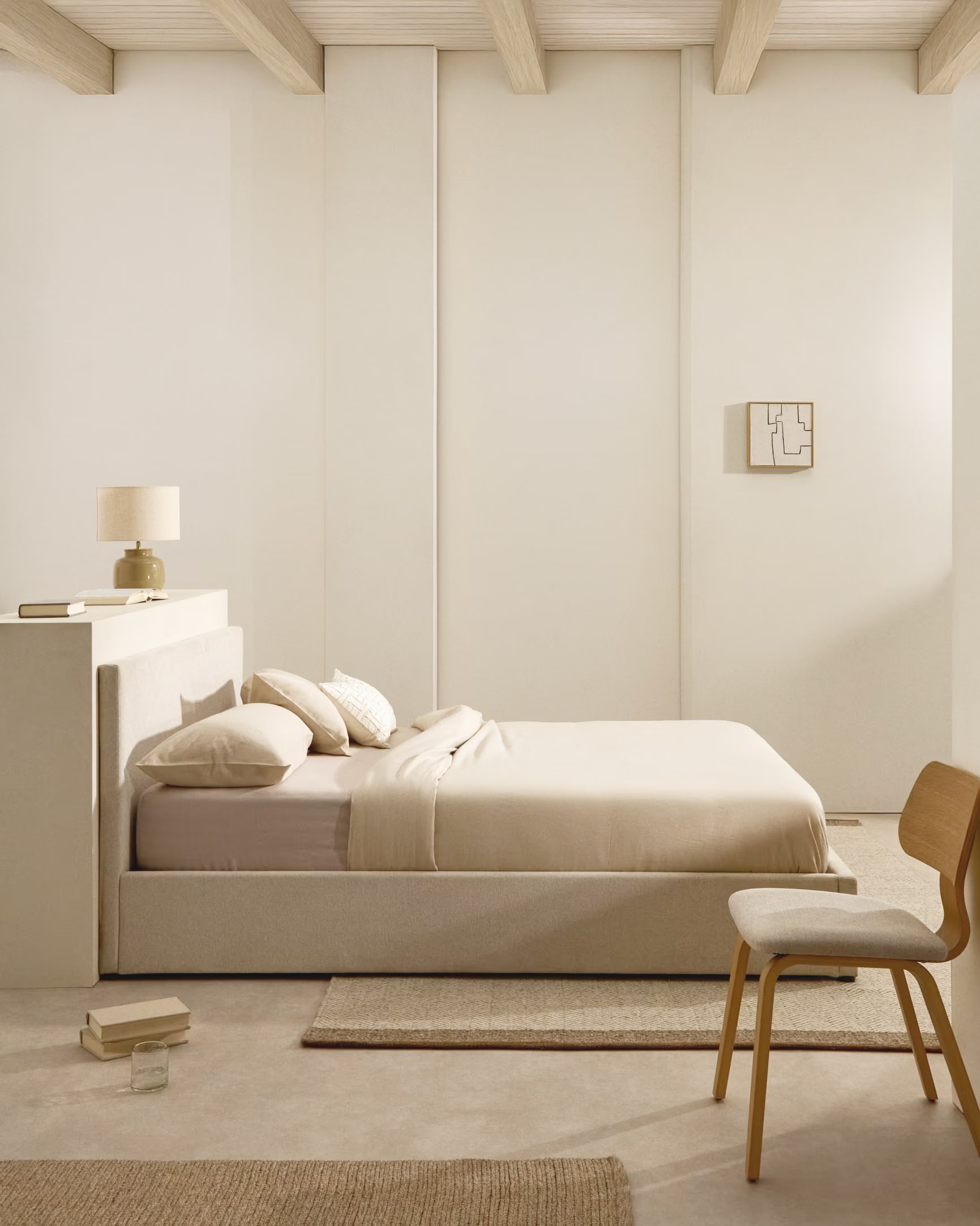 Nahiri beige chenille lift-up storage bed for a 160 x 200 cm mattress