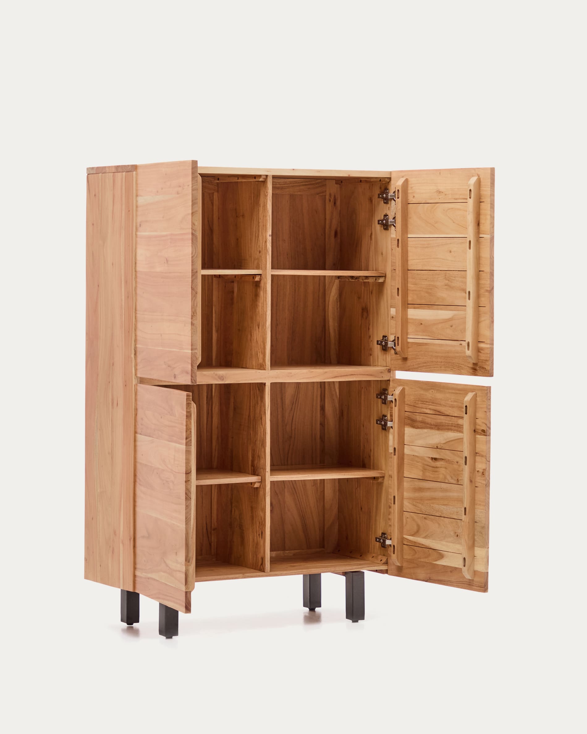 Uxue 4-door tall sideboard in solid acacia wood with bleached finish and black steel 100 x 155cm