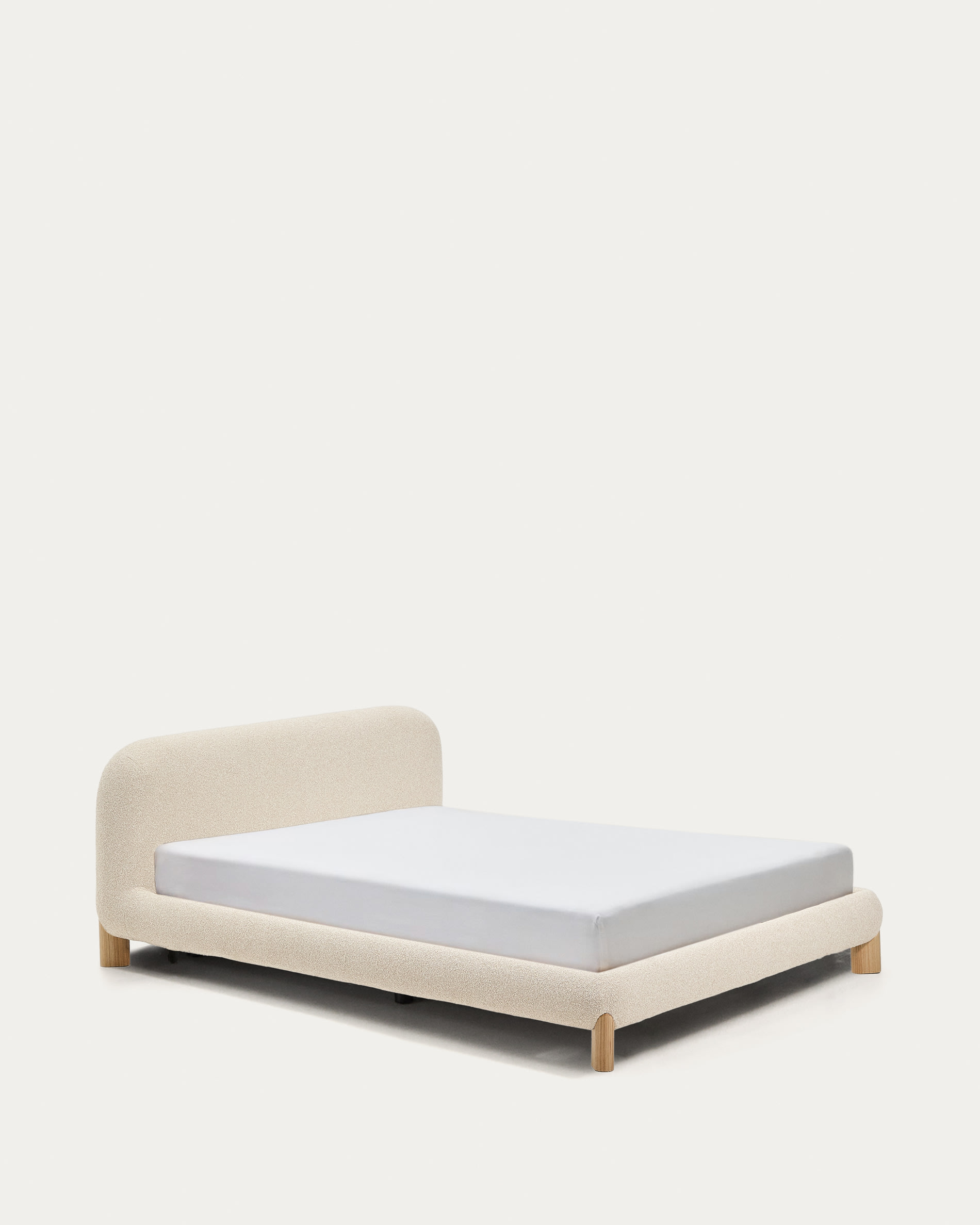 Odina ecru bouclé bed with removable cover and solid ash wood legs with natural finish for 160 x 200cm mattress