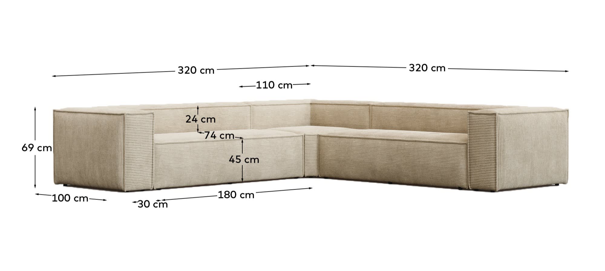 Blok fire-retardant 6-seater corner sofa in thick ecru corduroy 320x320cm FSC Mix Credit FR