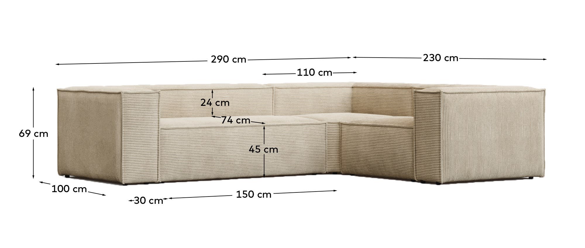 Blok fire-retardant 3-seater corner sofa in thick ecru corduroy 290x230cm/230x290cm FSC Mix Credit