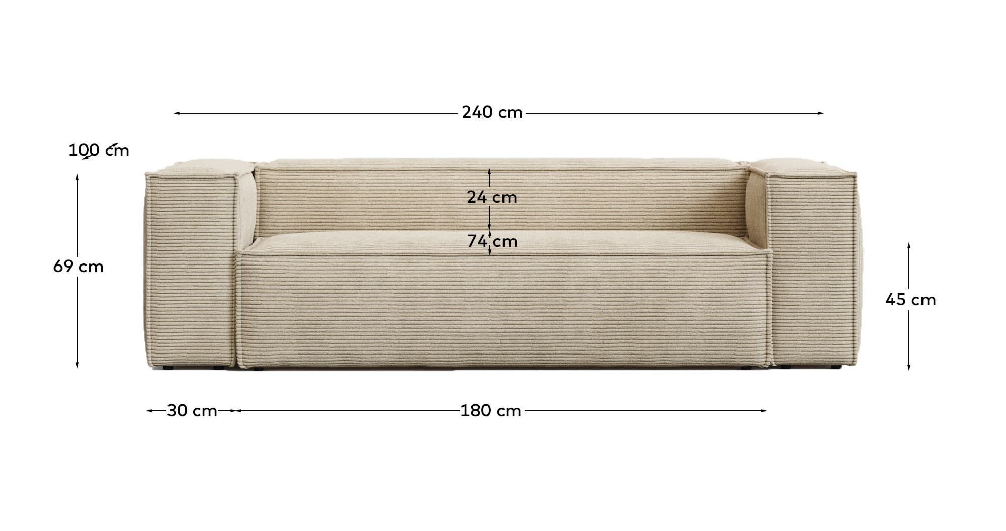 Blok fire-retardant 3-seater sofa in thick ecru corduroy 240cm FSC Mix Credit