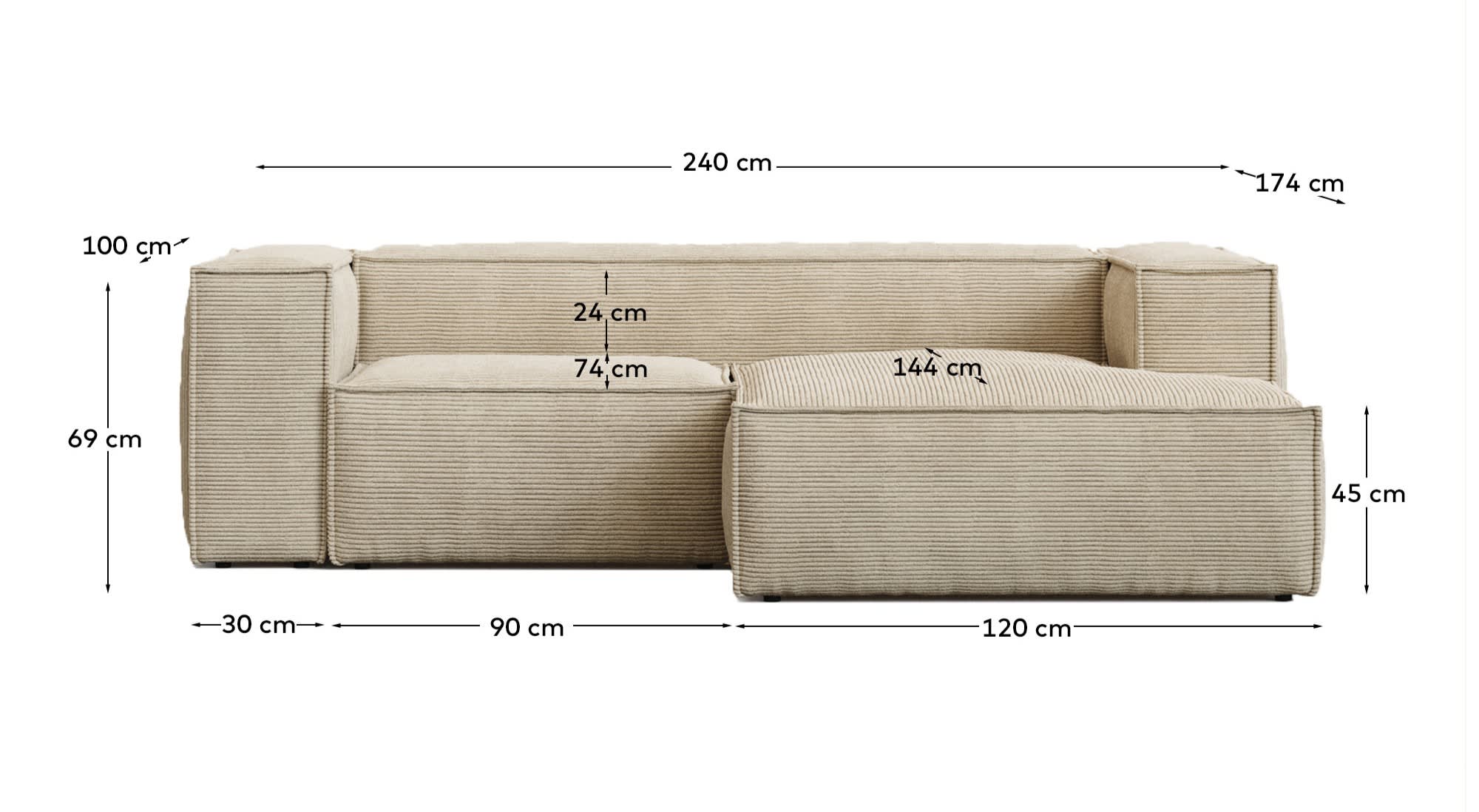 Blok fire-retardant 2-seater sofa with right chaise longue in thick ecru corduroy 240cm FSC Mix Credit