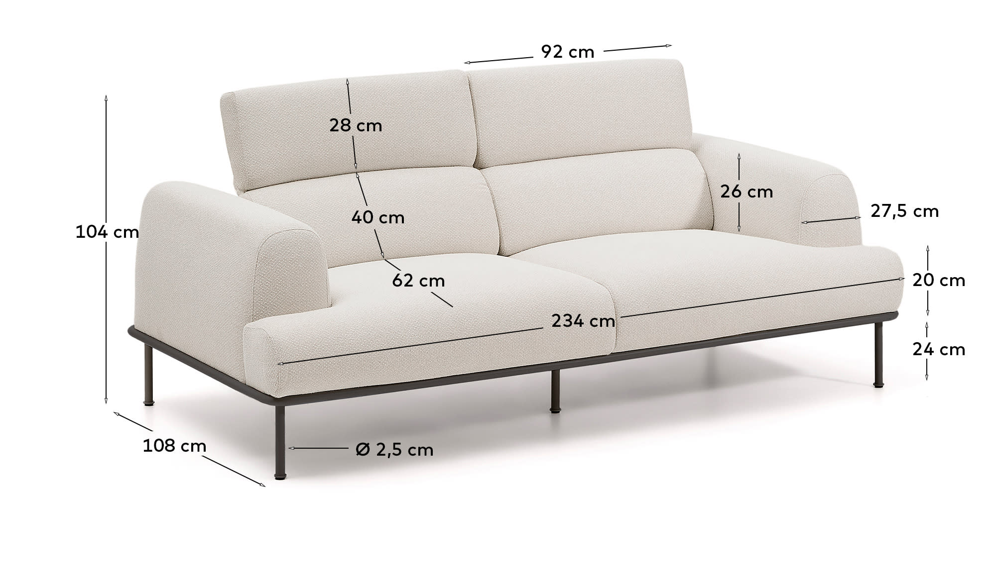 Aurum 3-seater sofa in ecru chenille with reclining headrest and matte grey metal base 234cm FSC Mix Credit