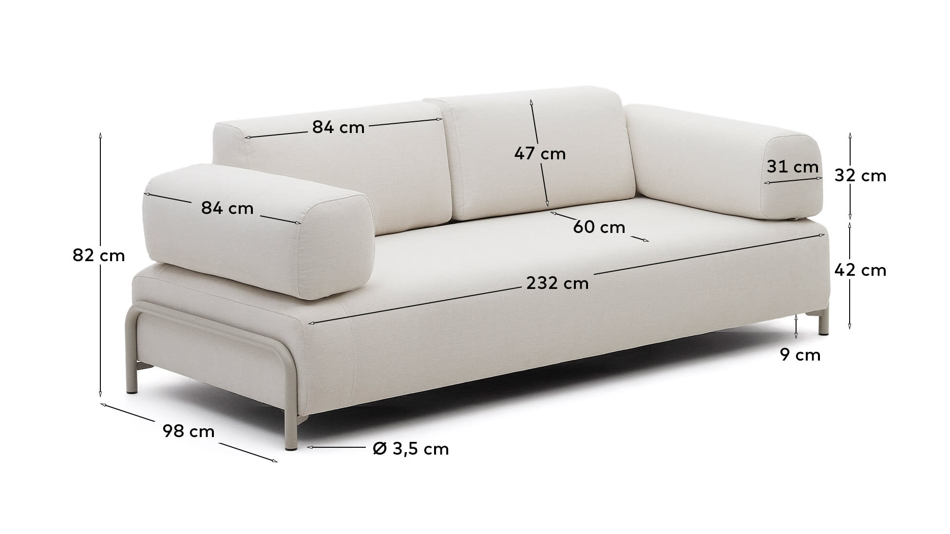 Compo beige chenille 3-seater sofa with beige metal structure 232 cm FSC Mix Credit