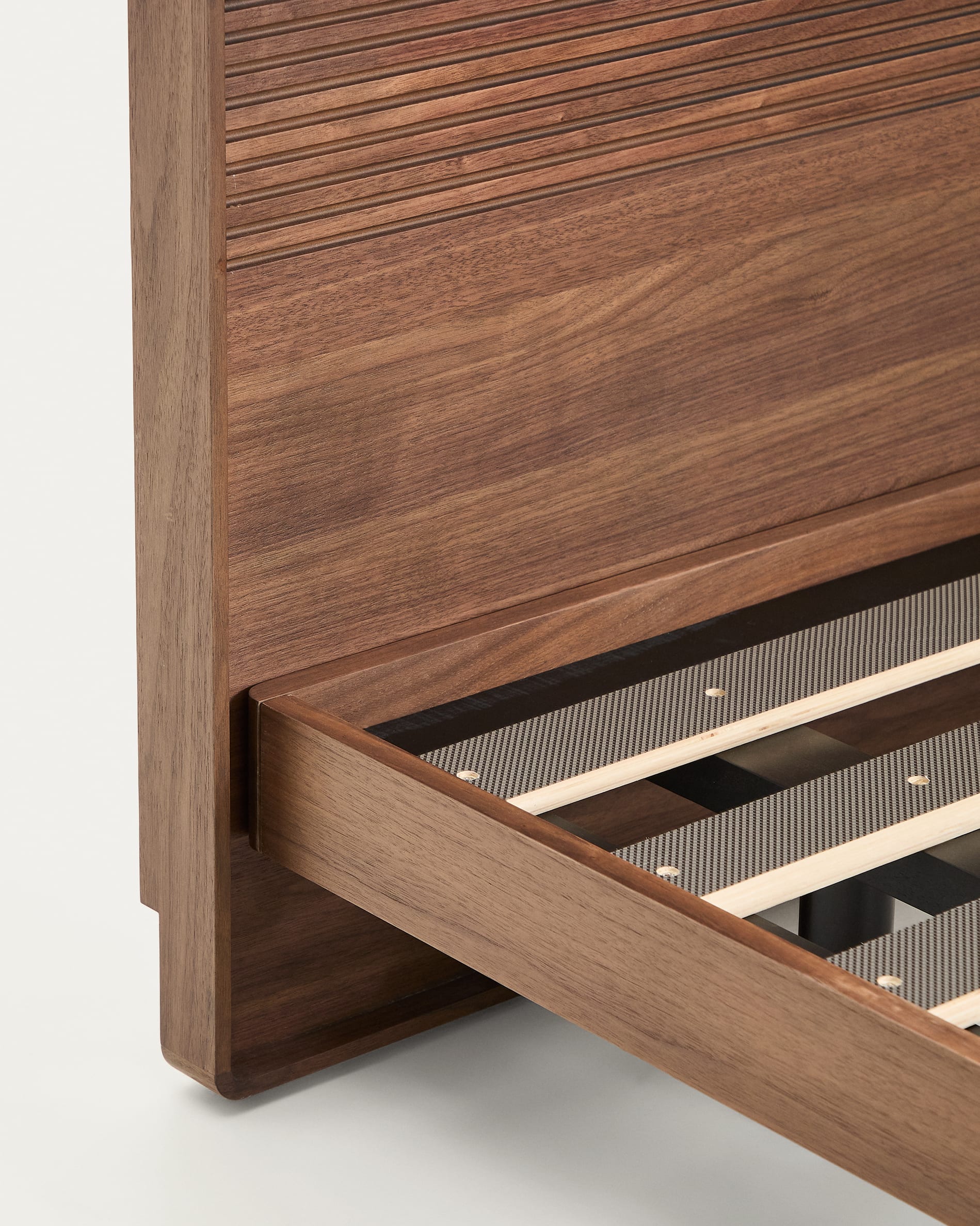 Norlen bed in walnut veneer with dark finish and LED light for 180 x 200 cm mattress FSC Mix Credit
