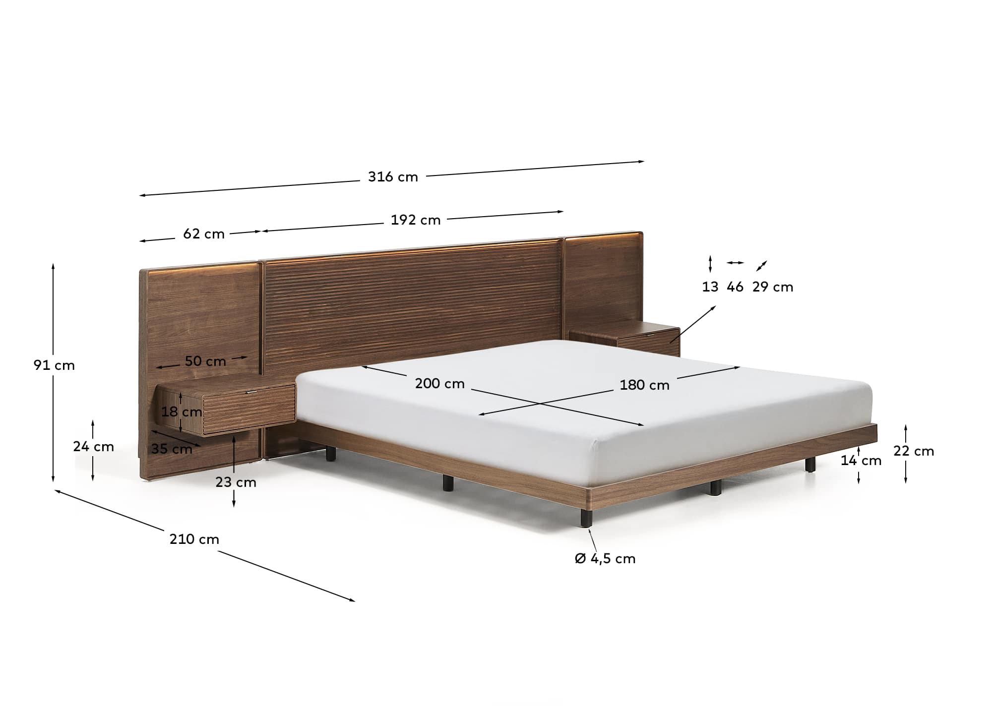 Norlen bed with 2 bedside tables in walnut veneer with dark finish and LED light for 180 x 200 cm mattress FSC Mix Credit