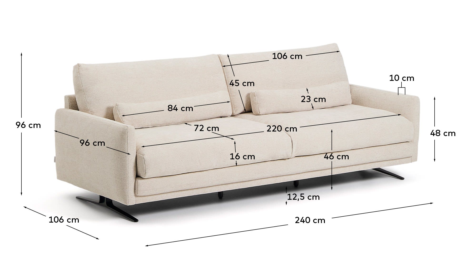 Veliro beige chenille 3-seater sofa with black steel legs 240cm FSC Mix Credit