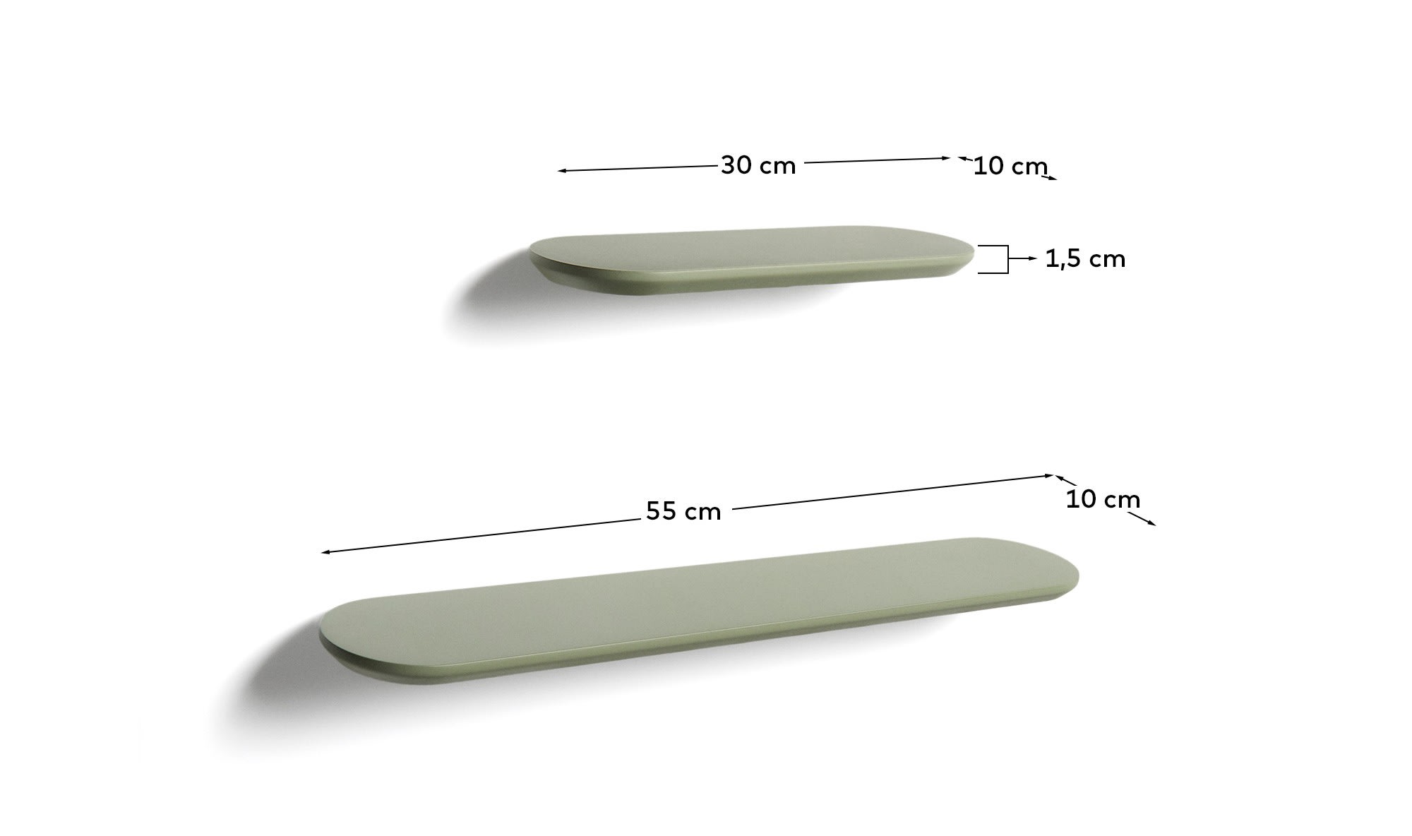 Arely set of 2 shelves in MDF with green lacquer finish 35 cm/55 cm