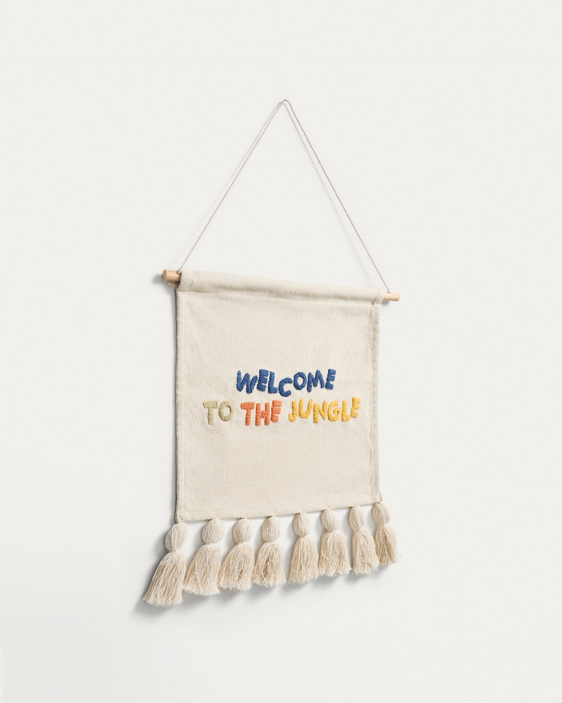 Tandani beige cotton wall tapestry with multicoloured letters and fringing 40 x 50cm