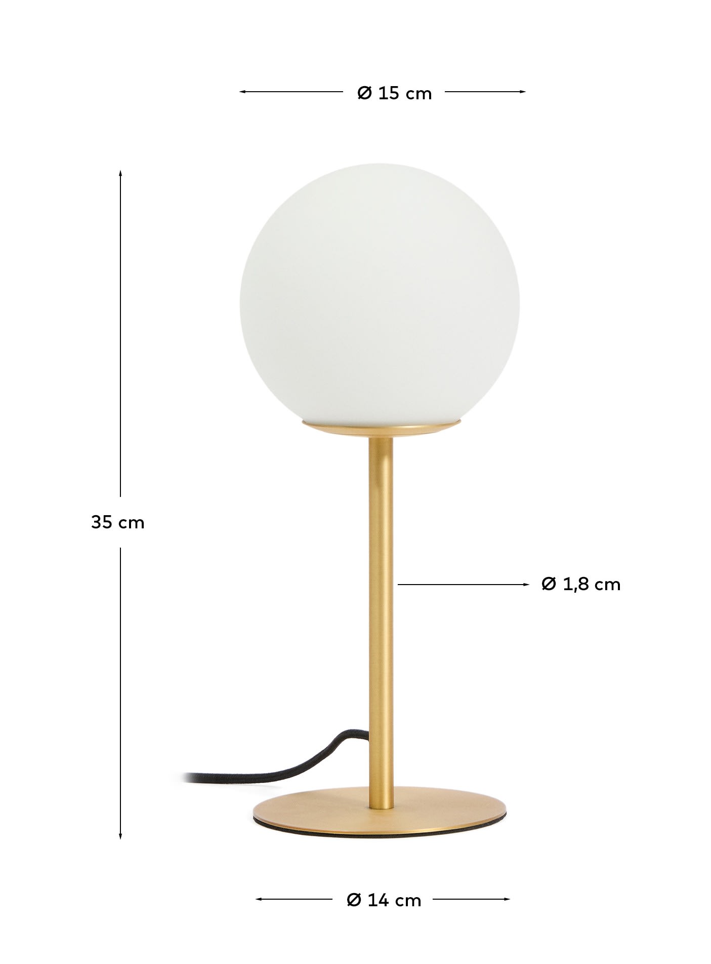 Brisia metal table lamp with brushed brass finish and 1 frosted glass ball Ø15cm