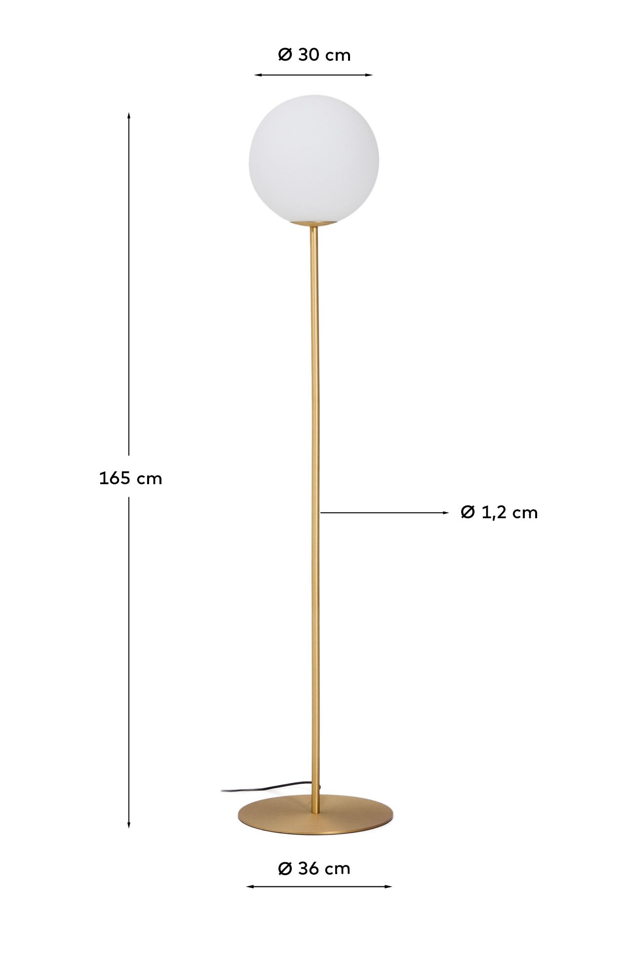 Brisia metal floor lamp with brushed brass finish and 1 frosted glass ball Ø30cm