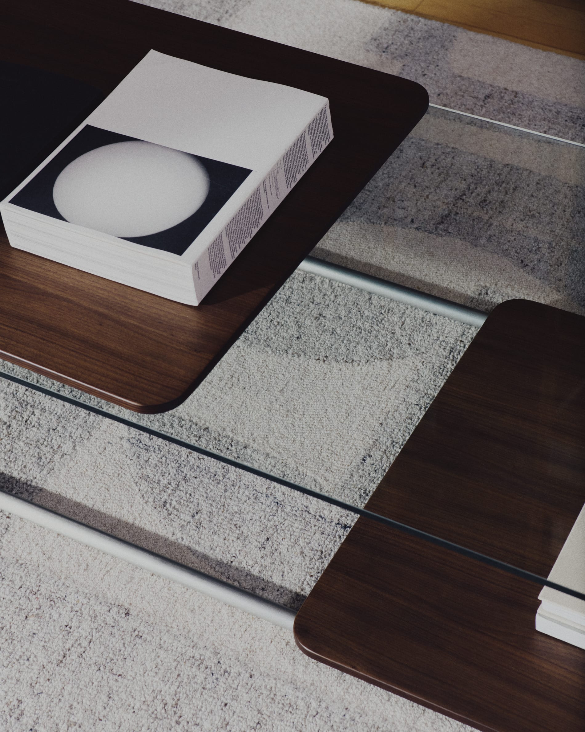 Tarsel coffee table in tempered glass with walnut veneer tray with brushed stainless steel structure 140 x 60cm