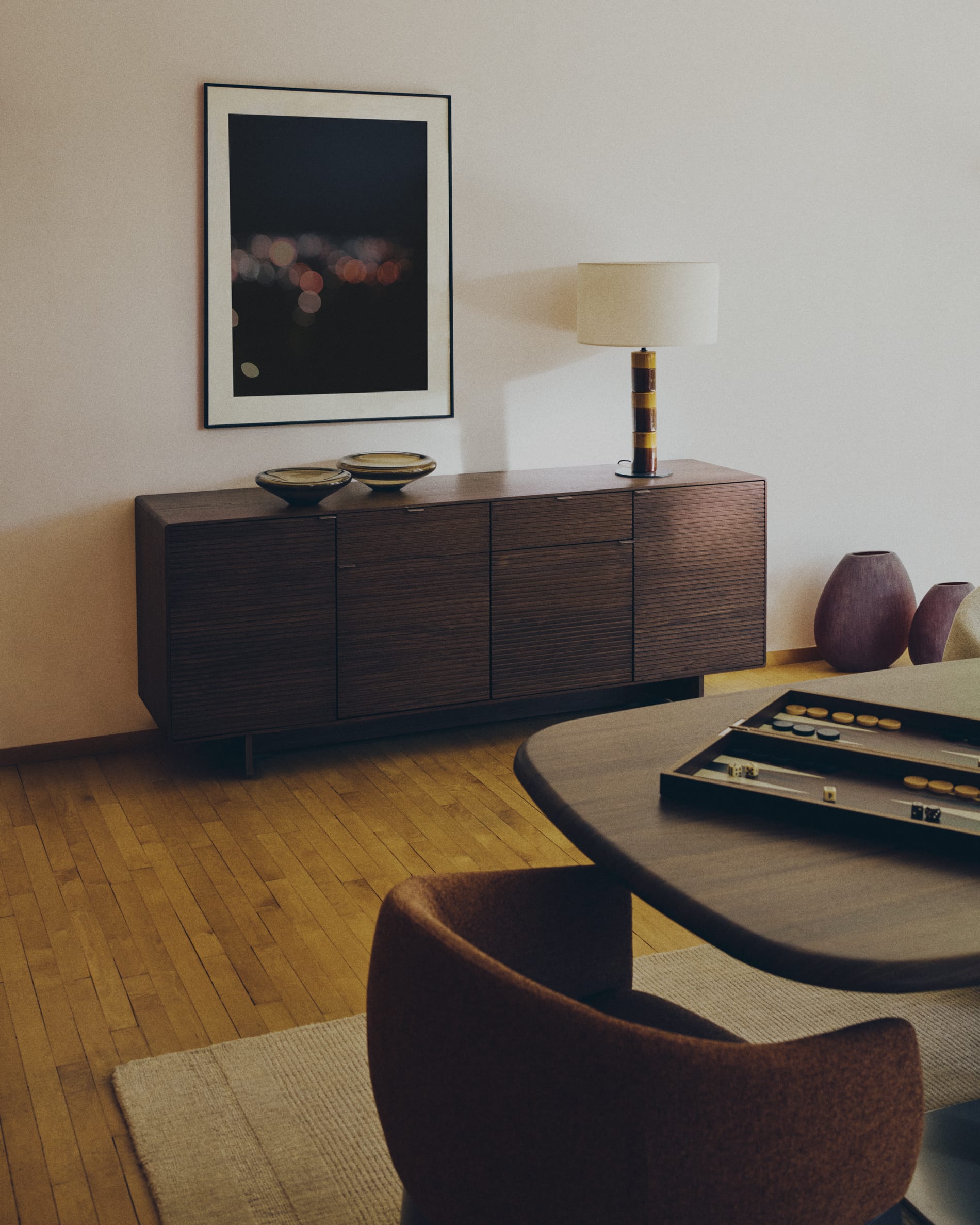 Mavran table lamp with brown and mustard ceramic base and cotton lampshade