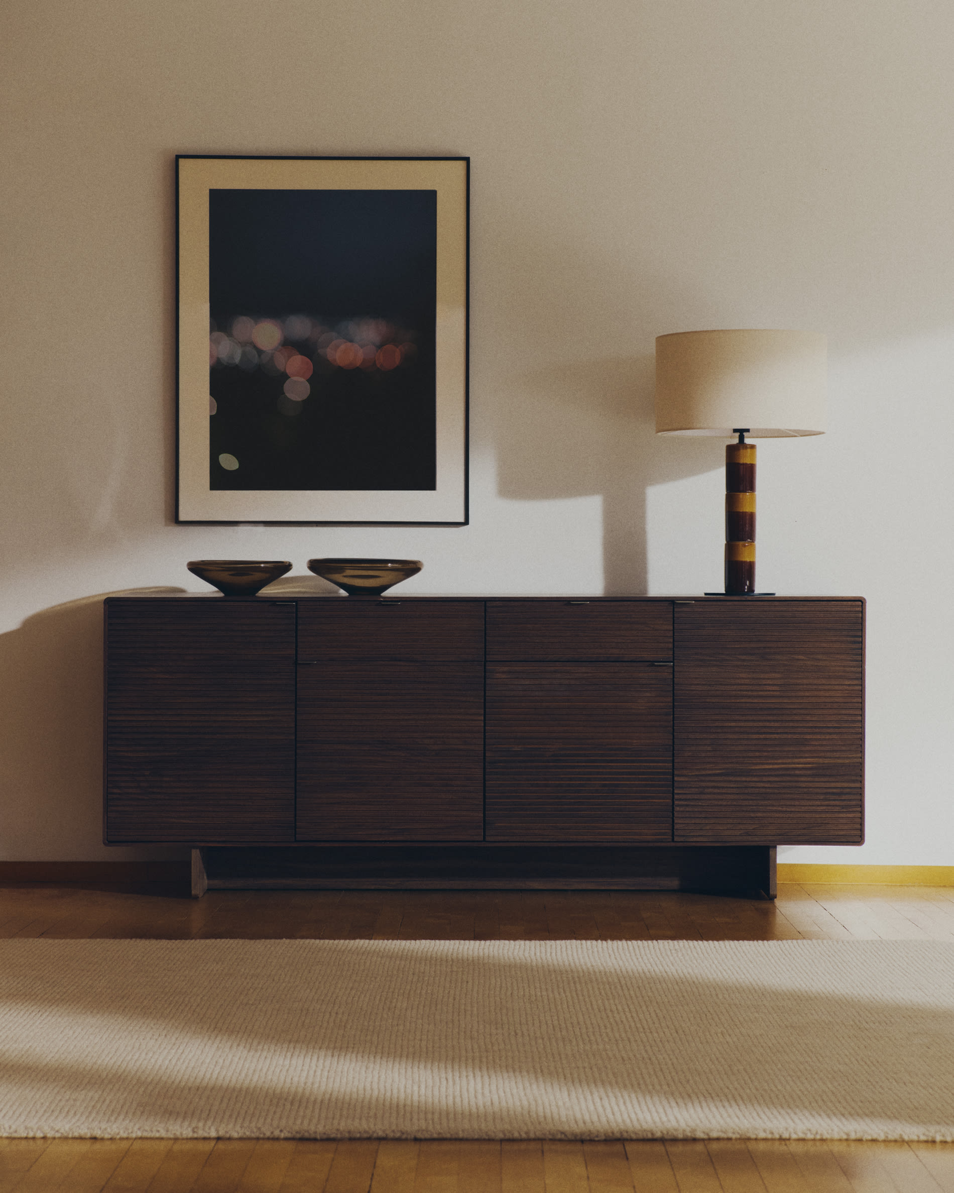 Mavran table lamp with brown and mustard ceramic base and cotton lampshade