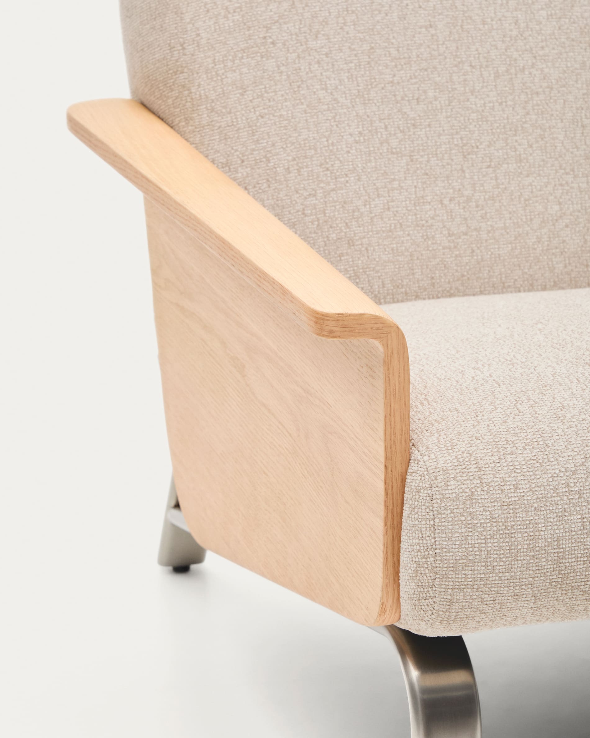 Amsen beige chenille 3-seater sofa in oak plywood with brushed stainless steel legs 205cm