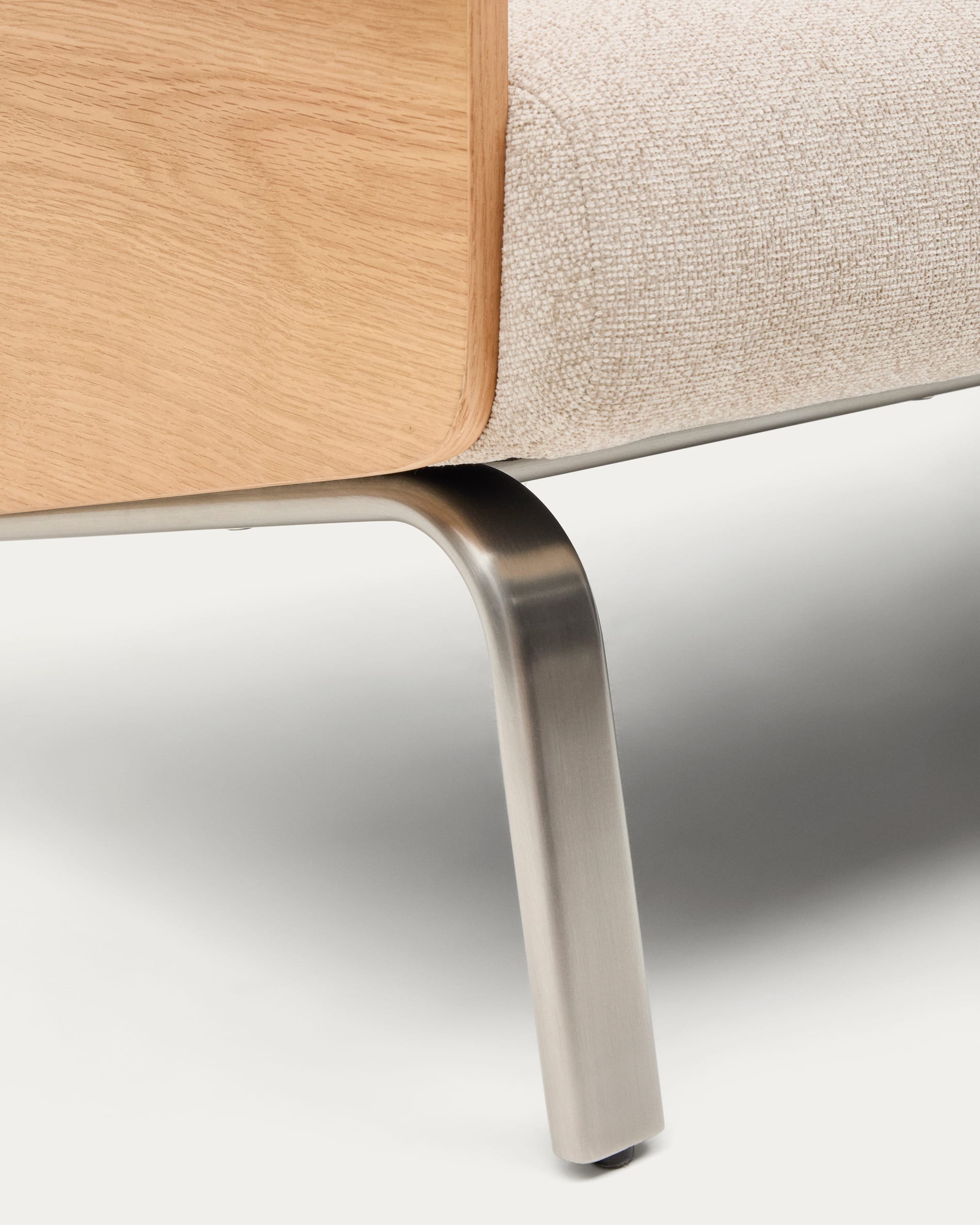 Amsen beige 2-seater sofa in oak plywood with brushed stainless steel legs 165cm