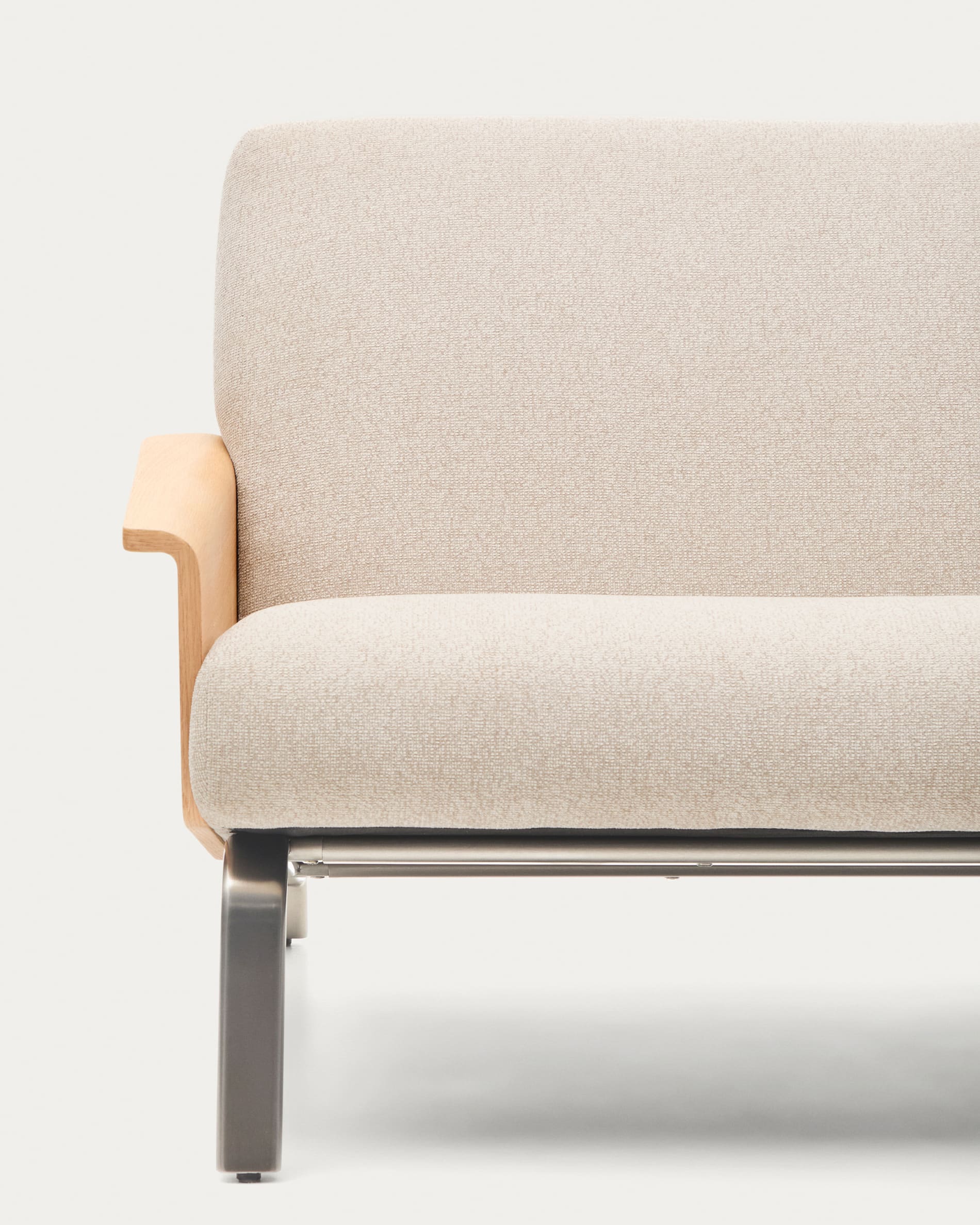Amsen beige chenille 3-seater sofa in oak plywood with brushed stainless steel legs 205cm