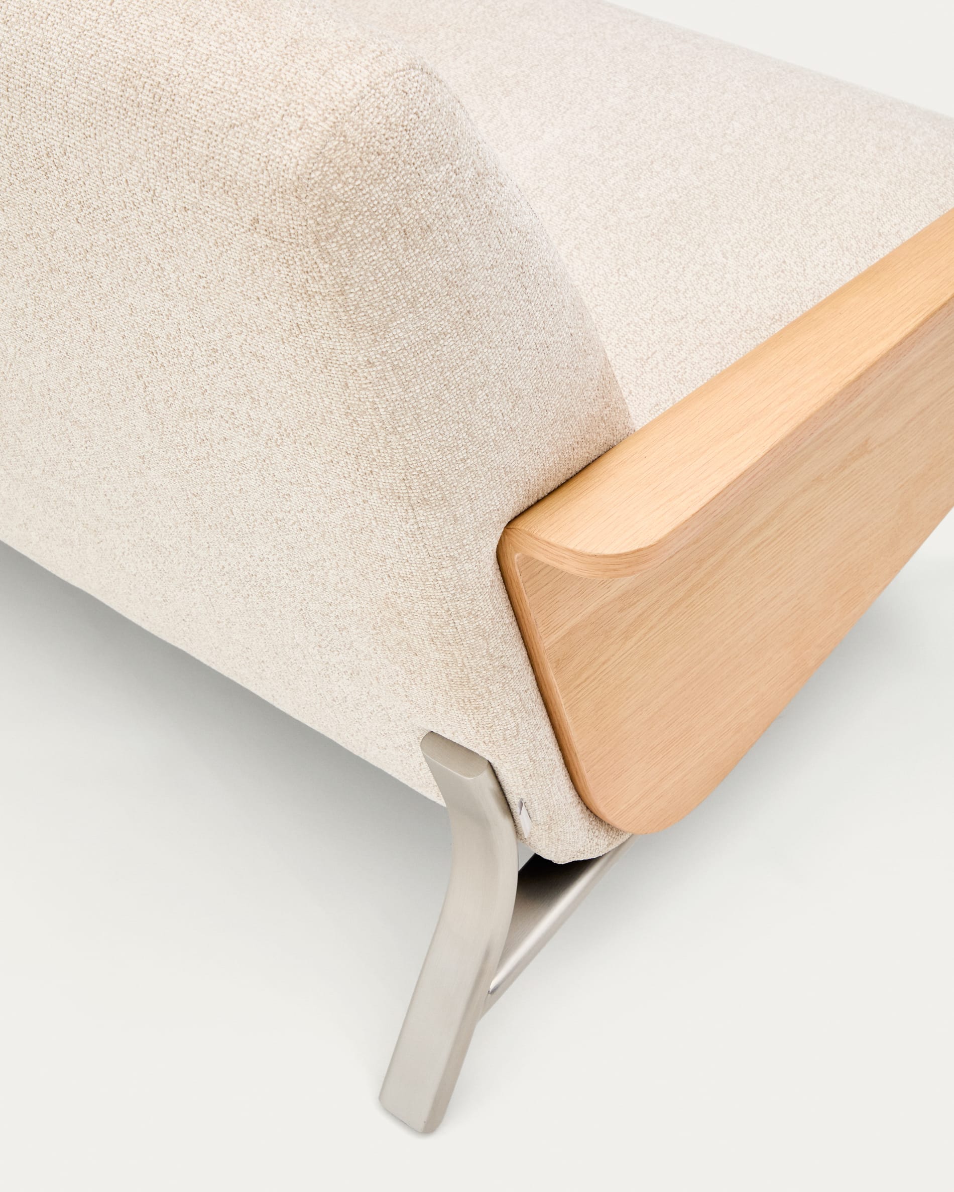 Amsen beige chenille 3-seater sofa in oak plywood with brushed stainless steel legs 205cm