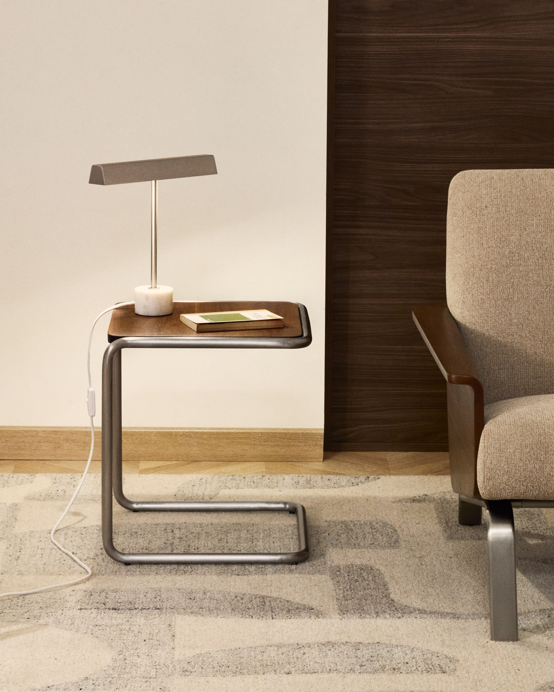 Tarsel side table in walnut veneer with brushed stainless steel structure 42 x 47cm
