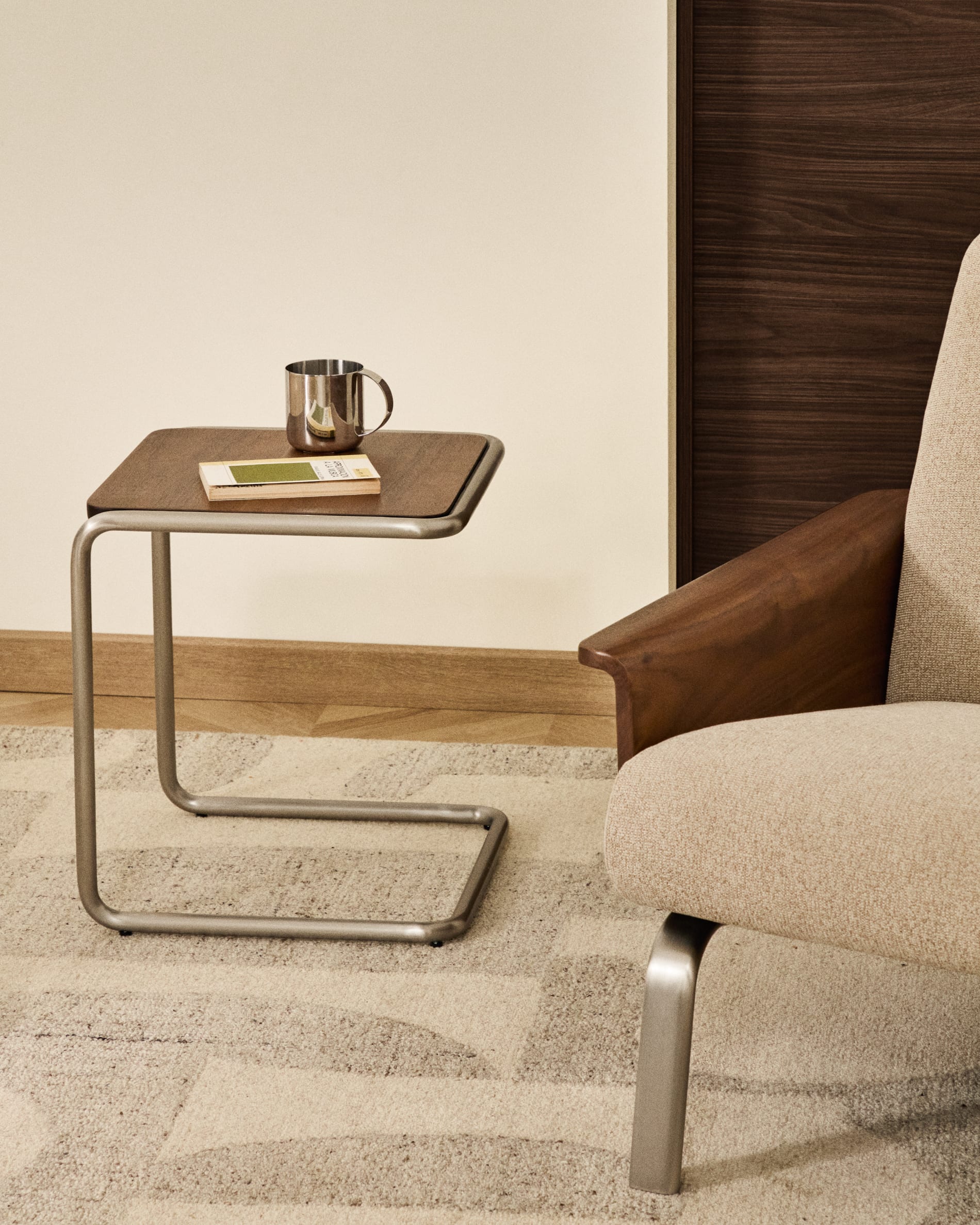 Tarsel side table in walnut veneer with brushed stainless steel structure 42 x 47cm
