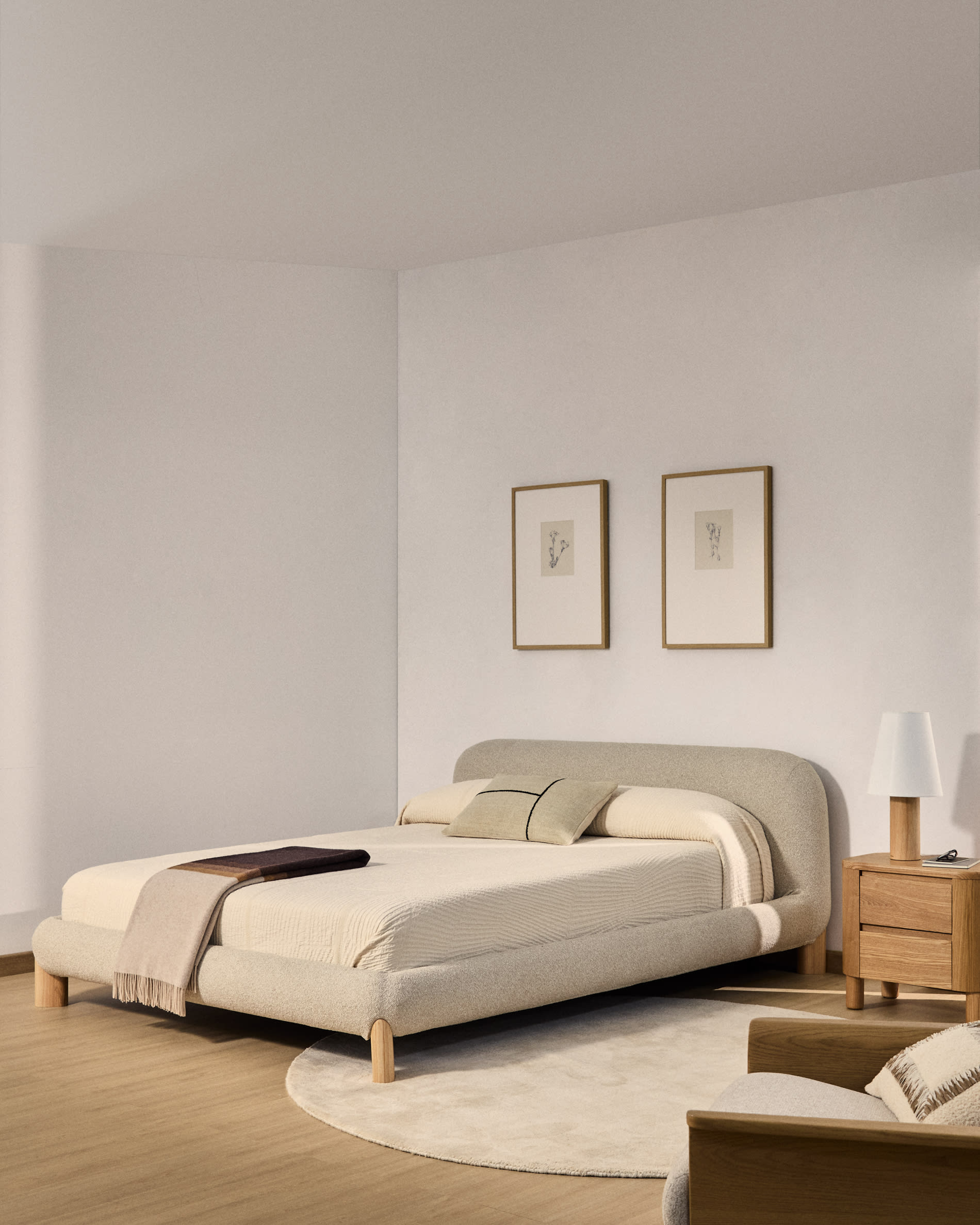 Odina ecru bouclé bed with removable cover and solid ash wood legs with natural finish for 160 x 200cm mattress