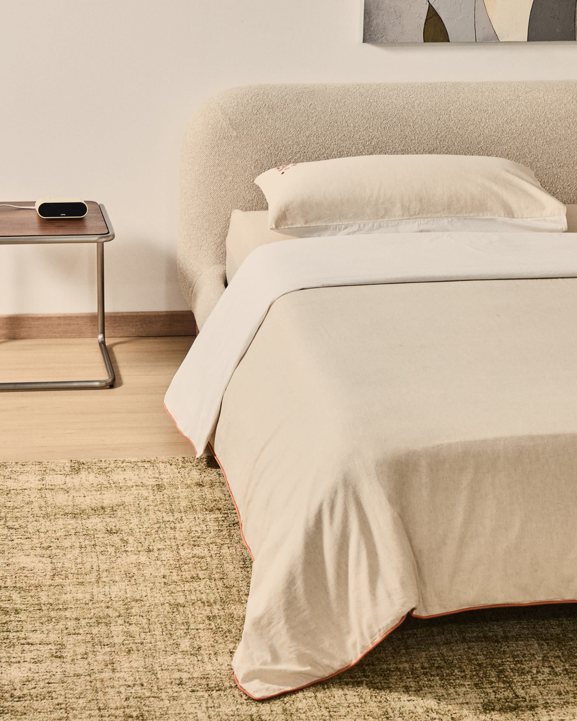 Virelda duvet cover and pillowcase set in beige cotton and linen with embroidered detail for 90cm bed