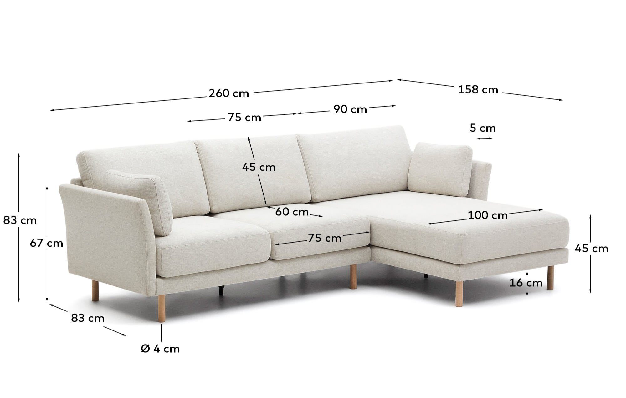 Gilma 3 seater sofa w/ right/left-hand chaise longue in chenille pearl, natural legs, 260 cm