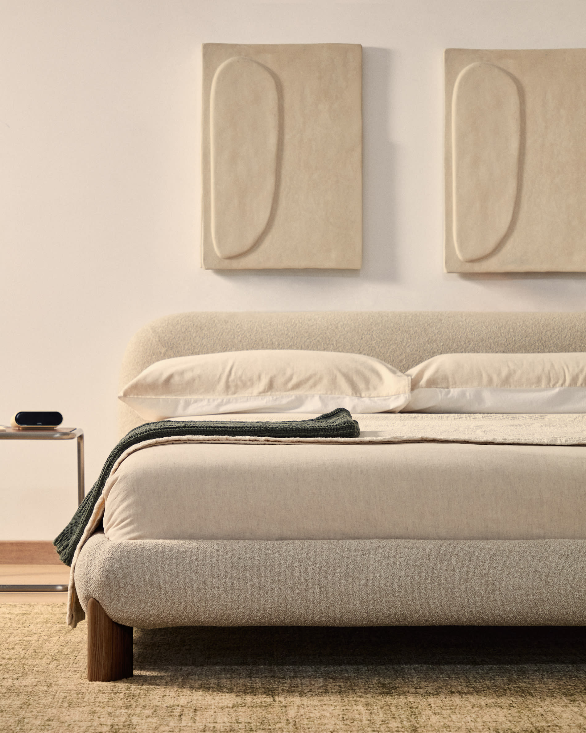 Odina ecru bouclé bed with removable cover and solid ash wood legs with walnut finish for 160 x 200cm mattress