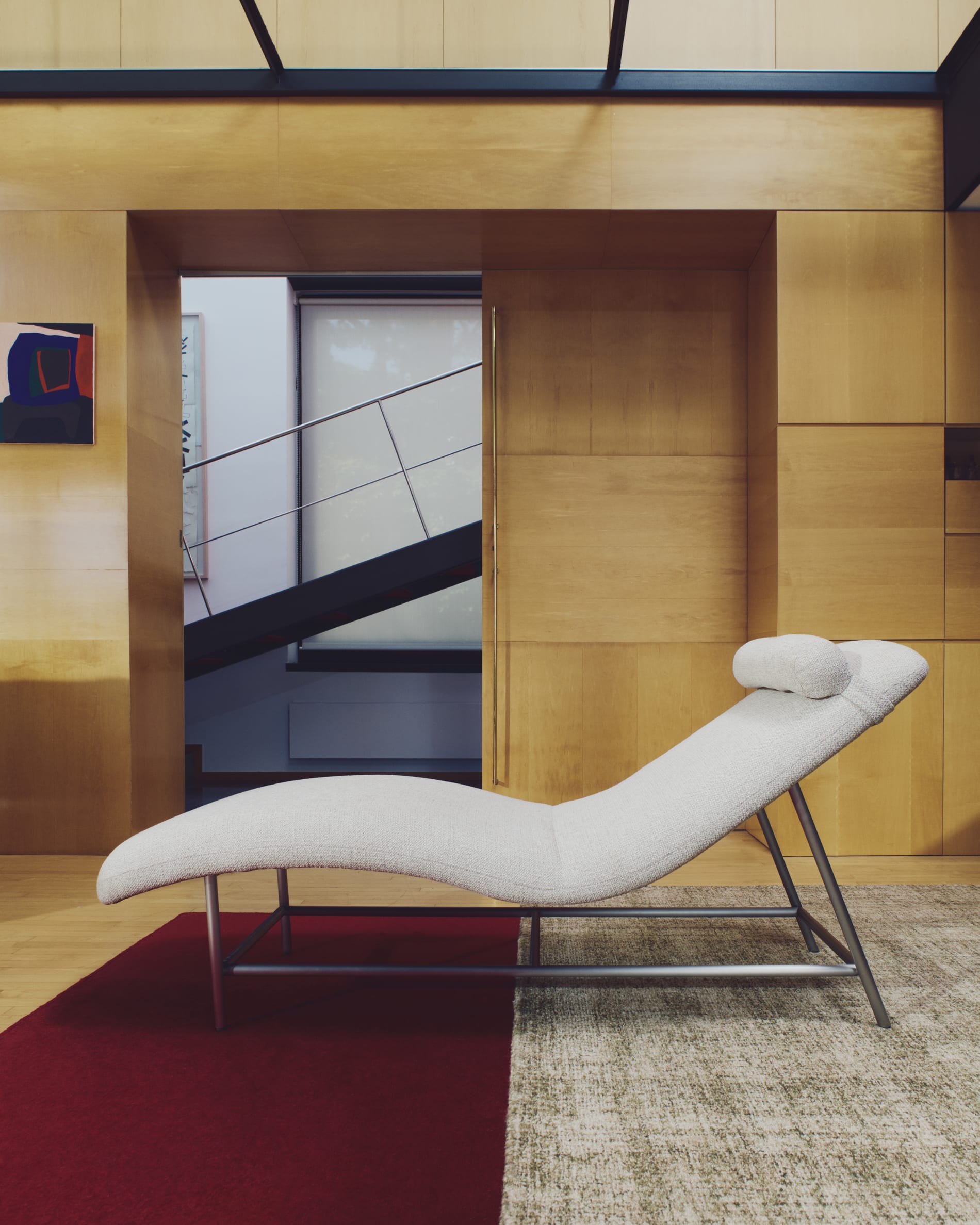 Osla chaise longue in beige chenille with brushed stainless steel legs FSC 100% 175 cm
