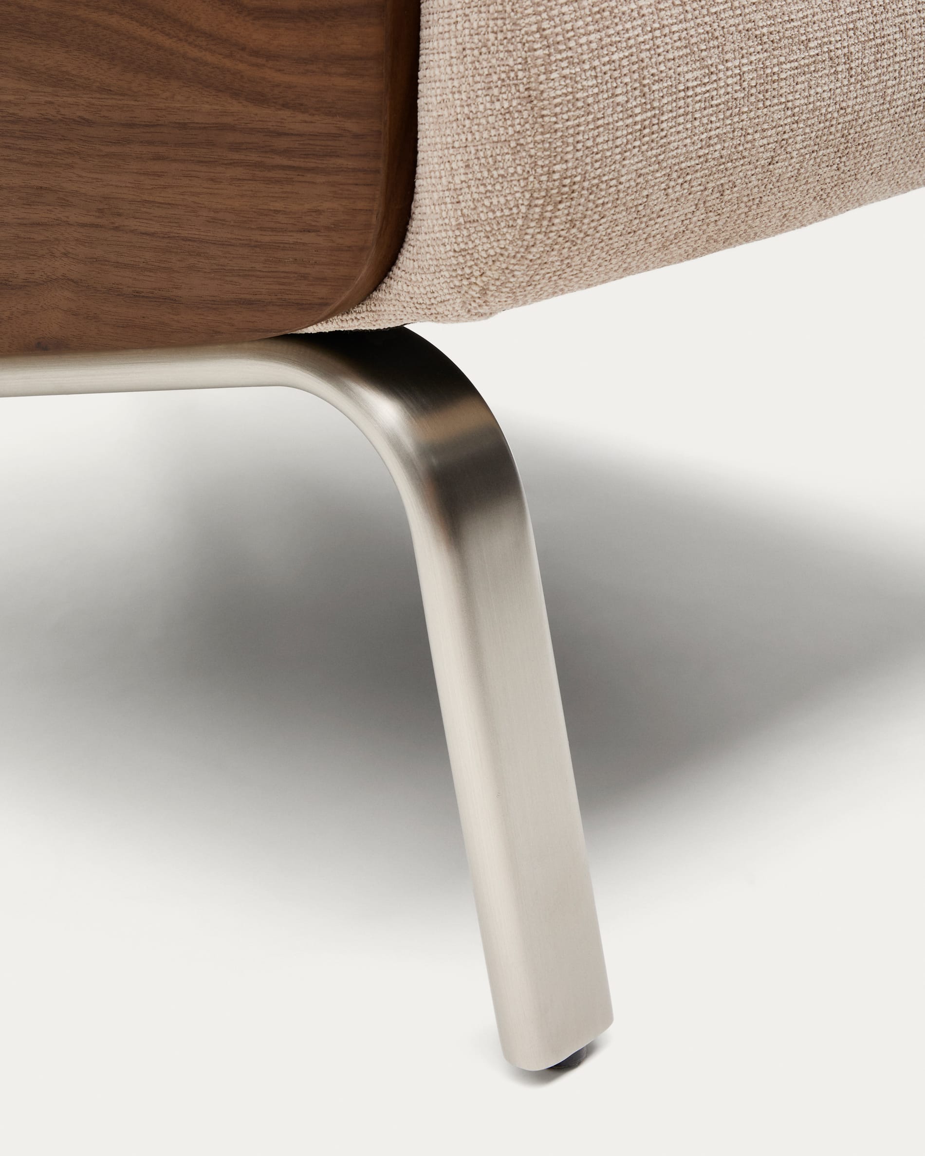 Amsen light brown 2-seater sofa in walnut plywood with brushed stainless steel legs 165cm
