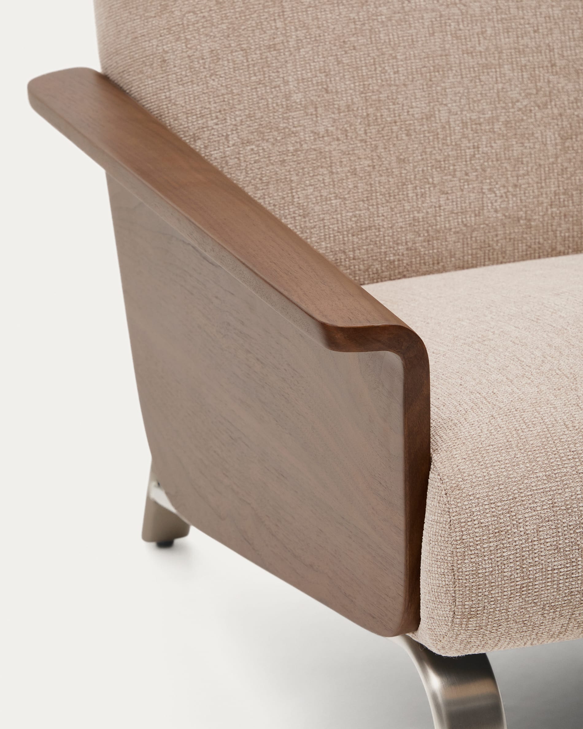 Amsen light brown 3-seater sofa in walnut plywood with brushed stainless steel legs 205cm