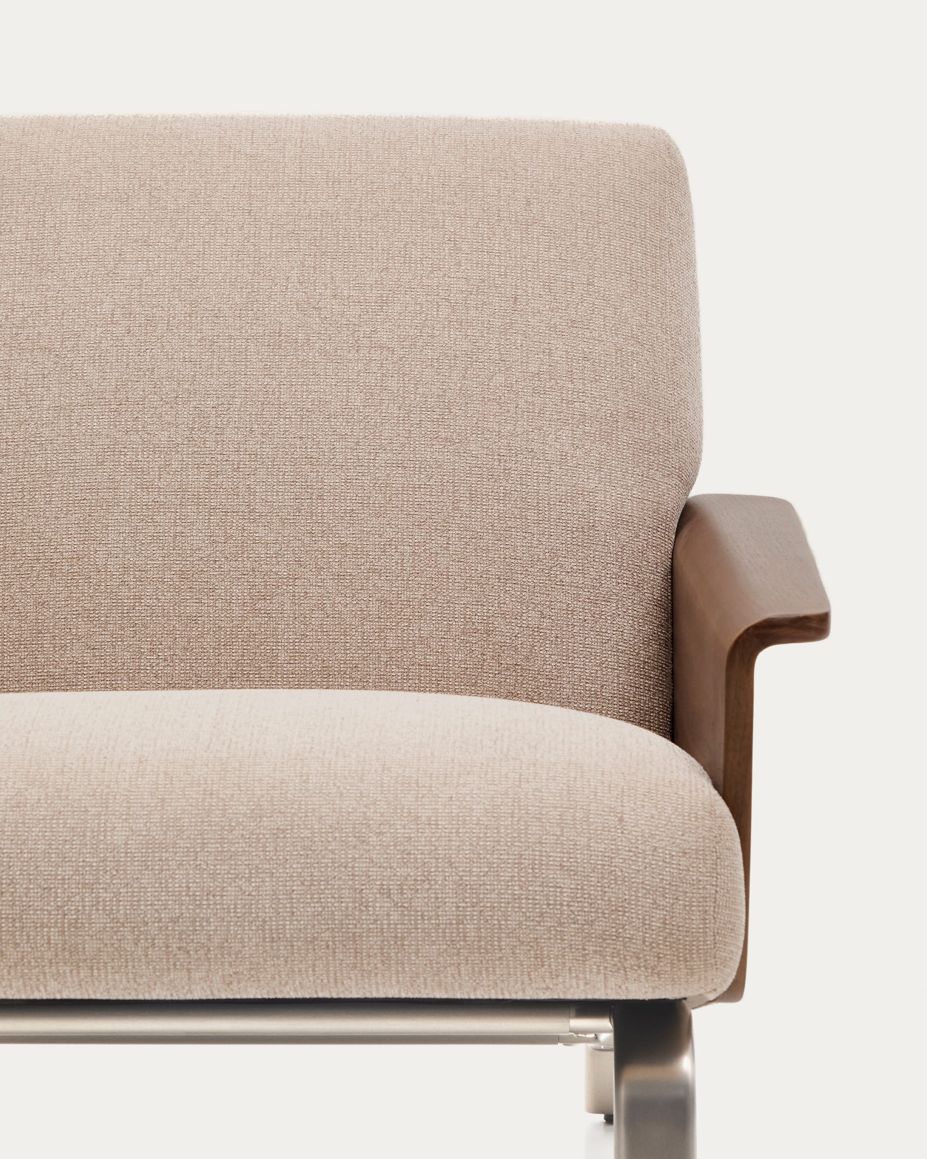 Amsen light brown 3-seater sofa in walnut plywood with brushed stainless steel legs 205cm