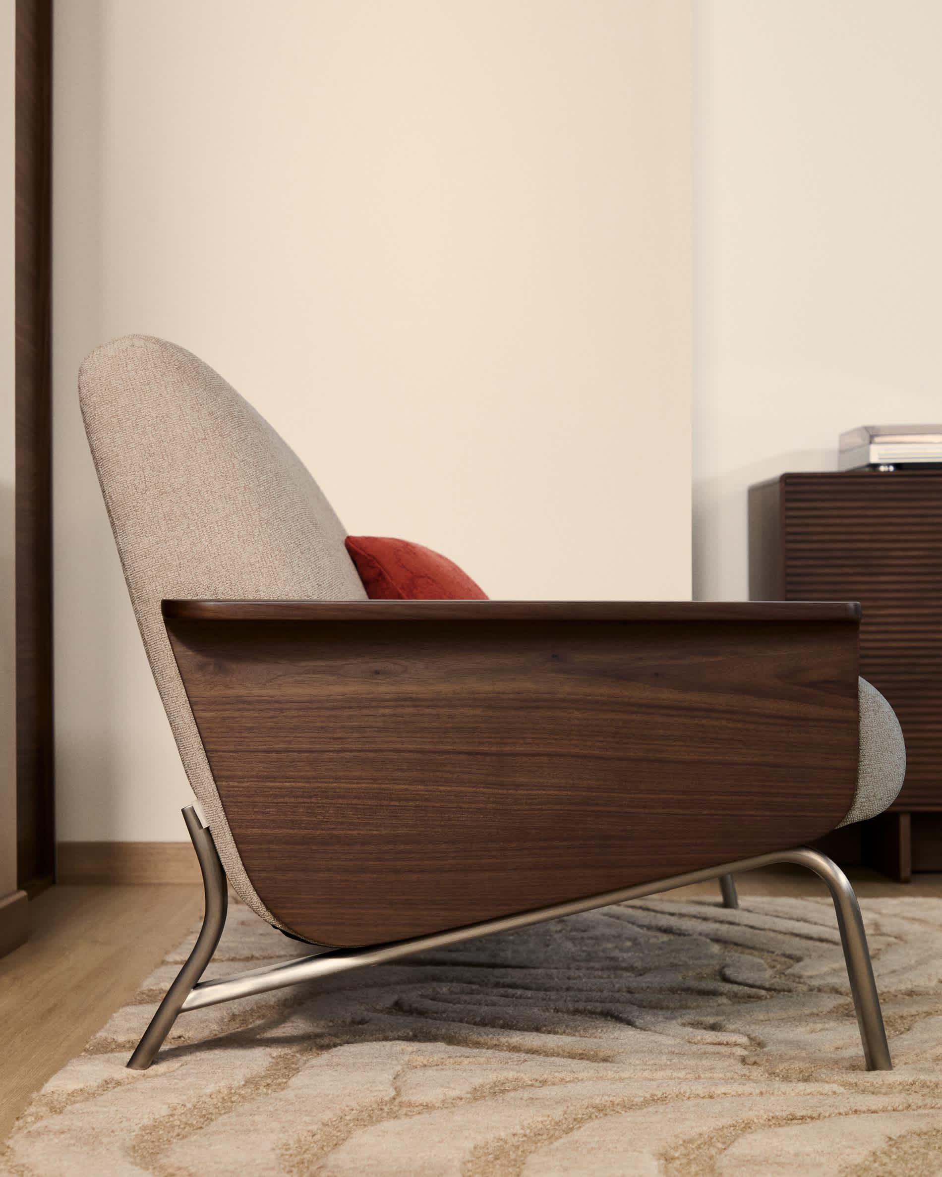 Amsen light brown 2-seater sofa in walnut plywood with brushed stainless steel legs 165cm