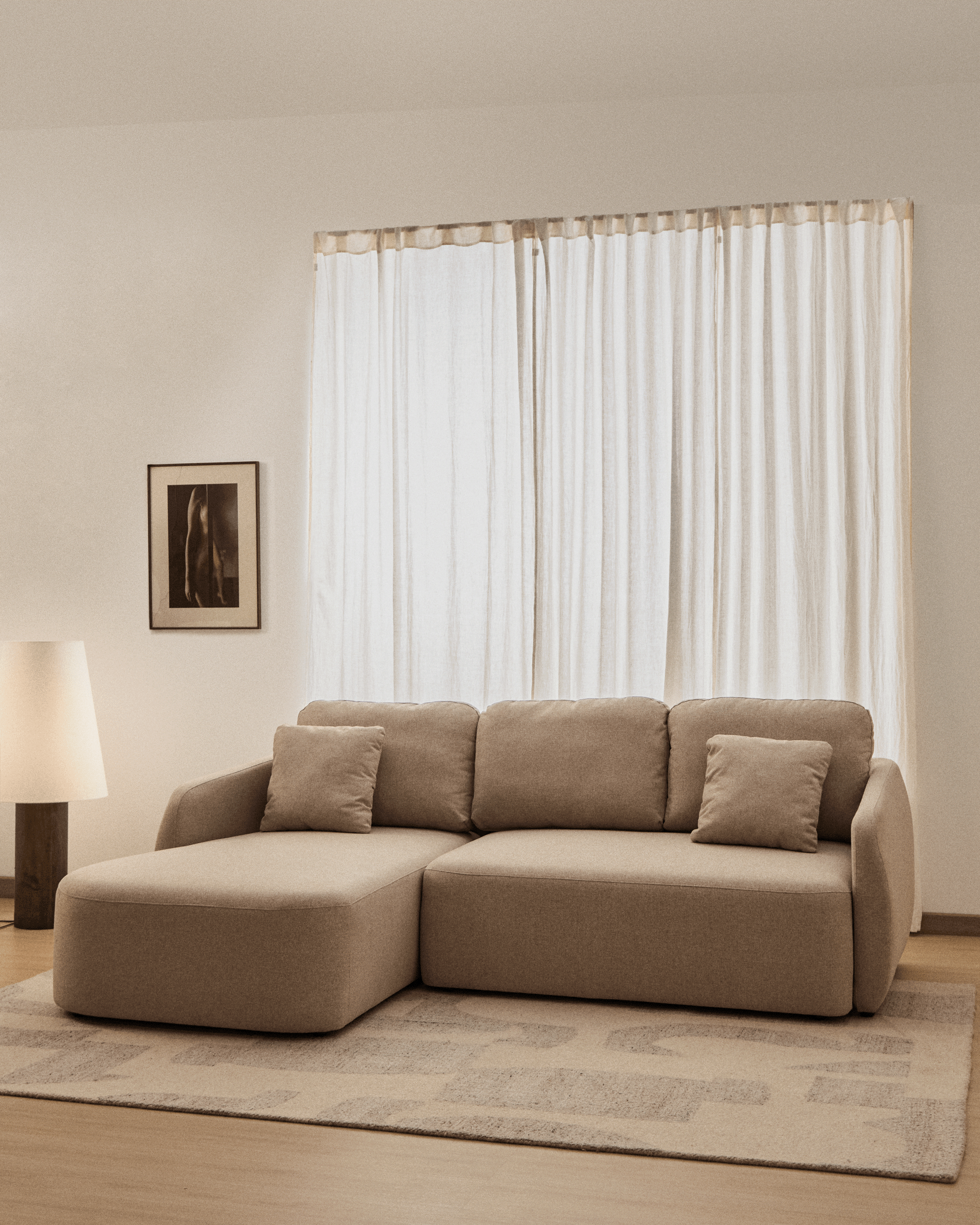 Laira 3-seater sofa bed with left chaise longue in beige chenille 246cm FSC Mix Credit