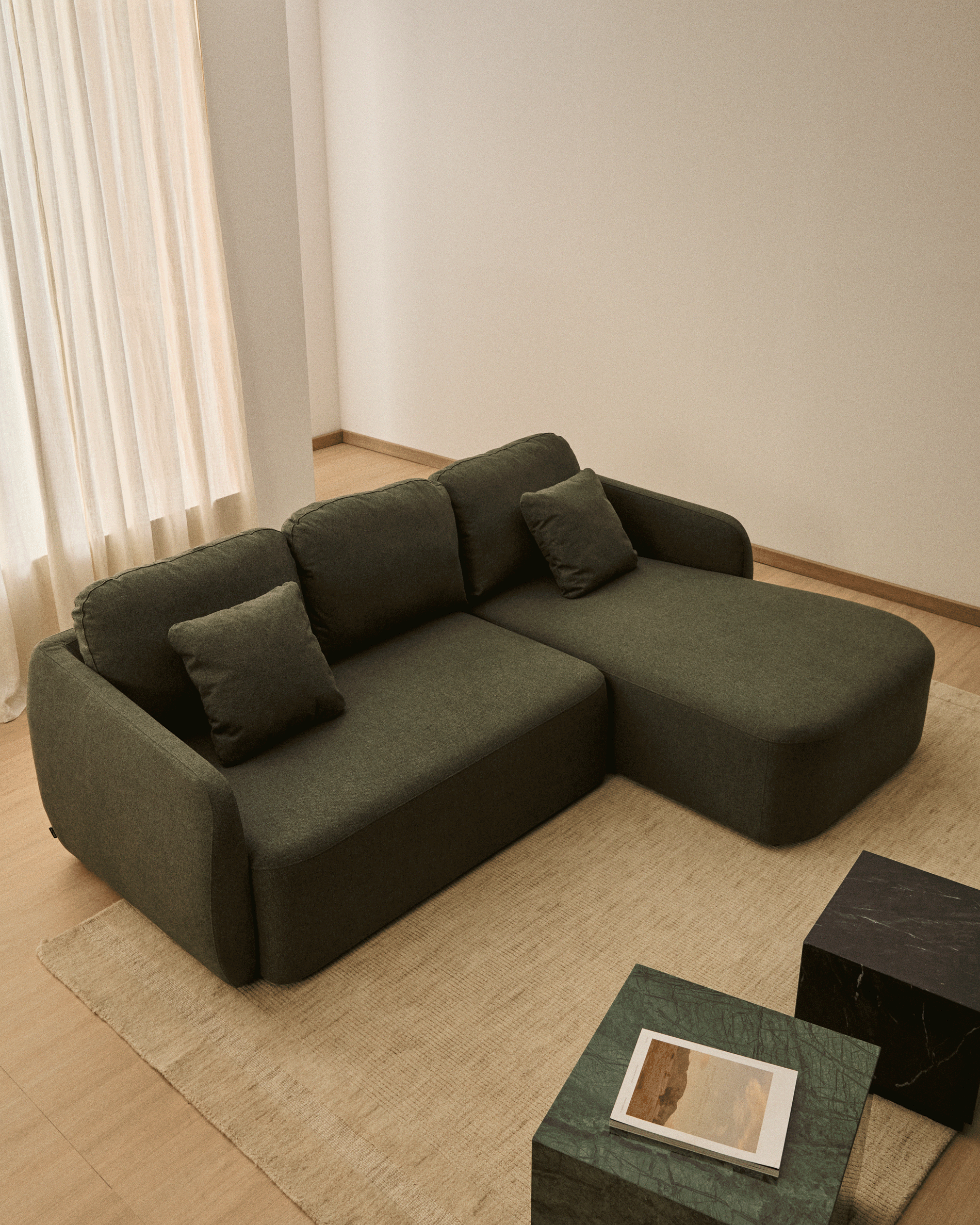 Laira 3-seater sofa bed with right chaise longue in dark green chenille 246cm FSC Mix Credit