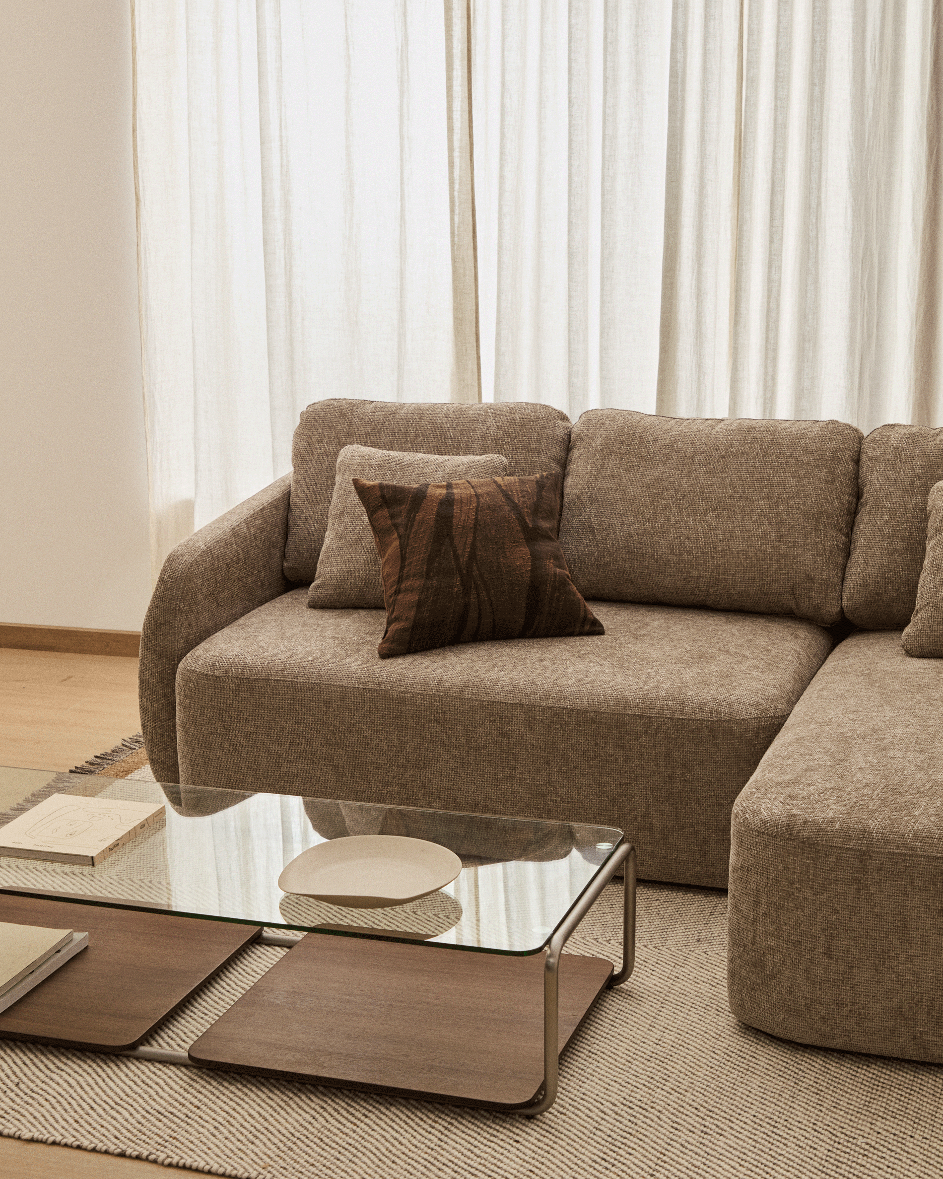 Laira 3-seater sofa bed with right chaise longue in taupe chenille 246cm FSC Mix Credit