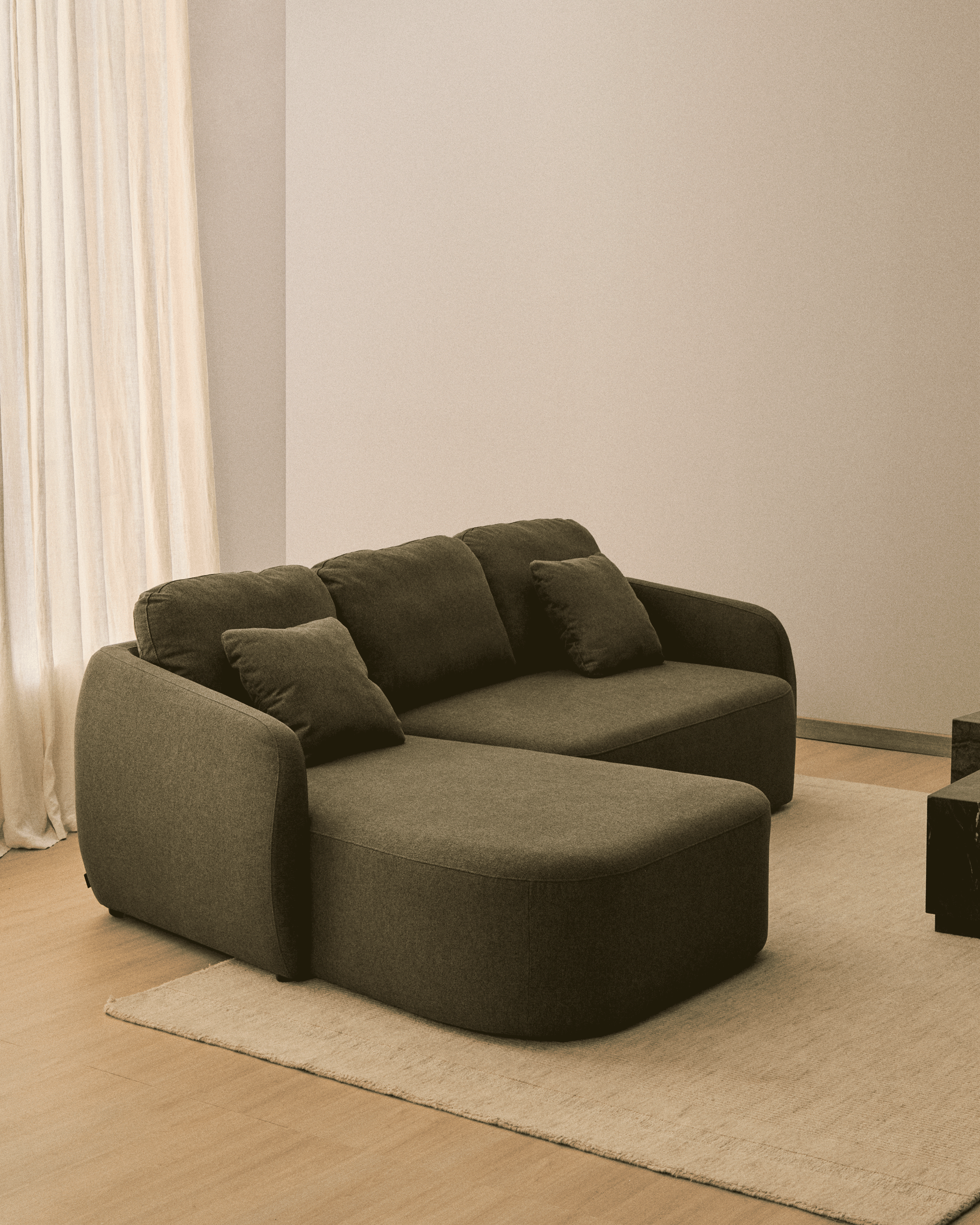 Laira 3-seater sofa bed with left chaise longue in dark green chenille 246cm FSC Mix Credit