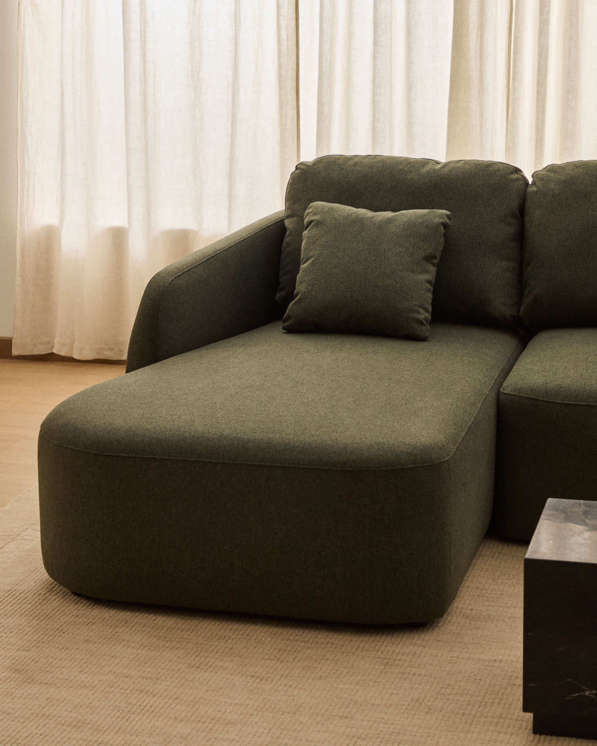 Laira 3-seater sofa bed with left chaise longue in dark green chenille 246cm FSC Mix Credit