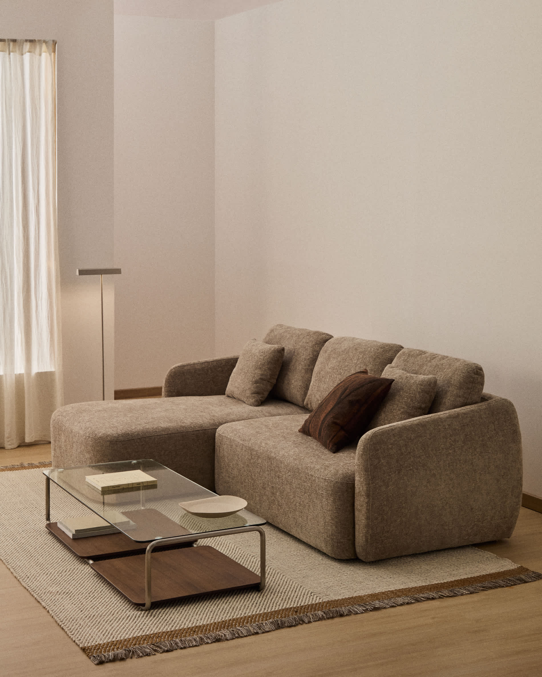Laira 3-seater sofa bed with left chaise longue in taupe chenille 246cm FSC Mix Credit