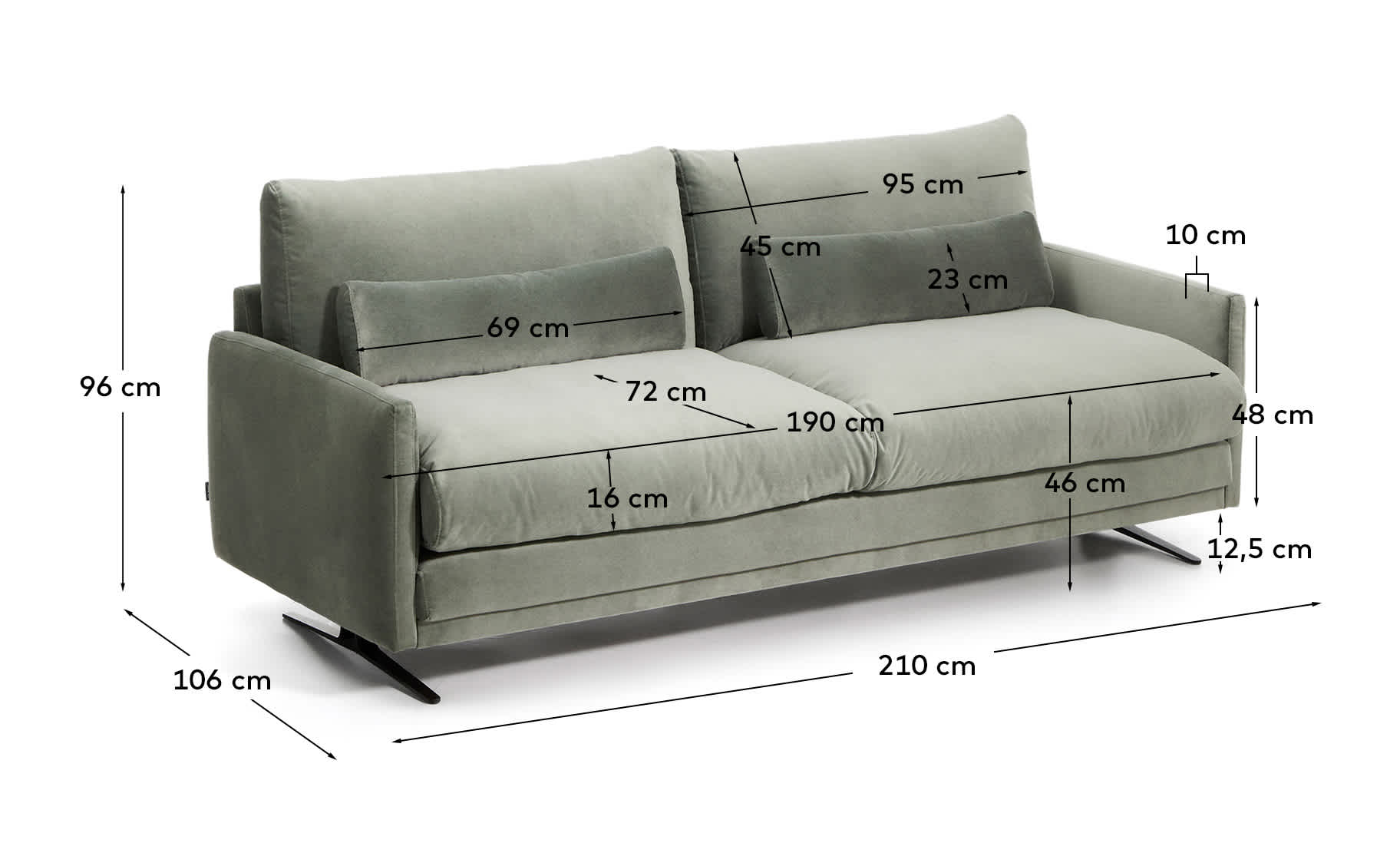 Veliro green velvet 2-seater sofa with steel legs in black finish 210cm FSC Mix Credit