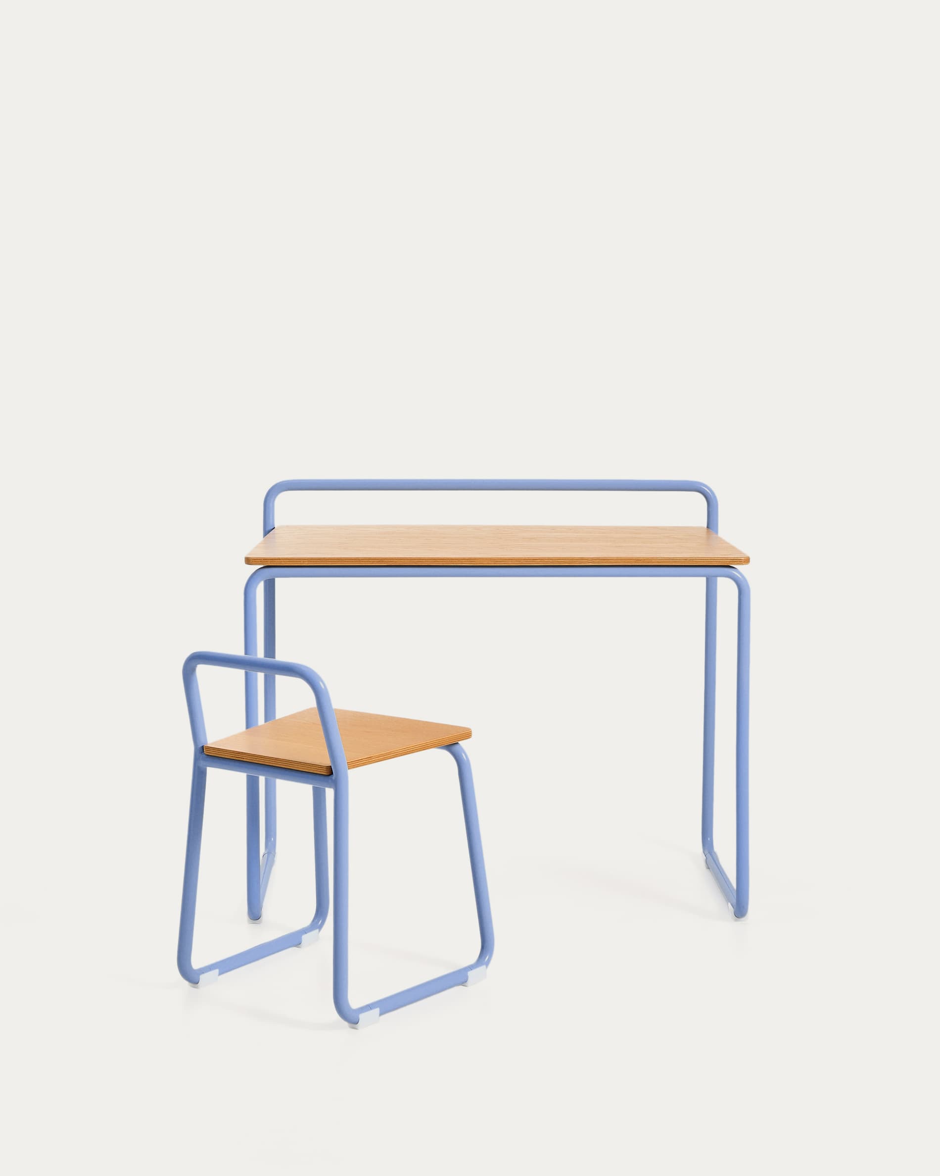 Tinn ash veneer chair with a blue metal structure